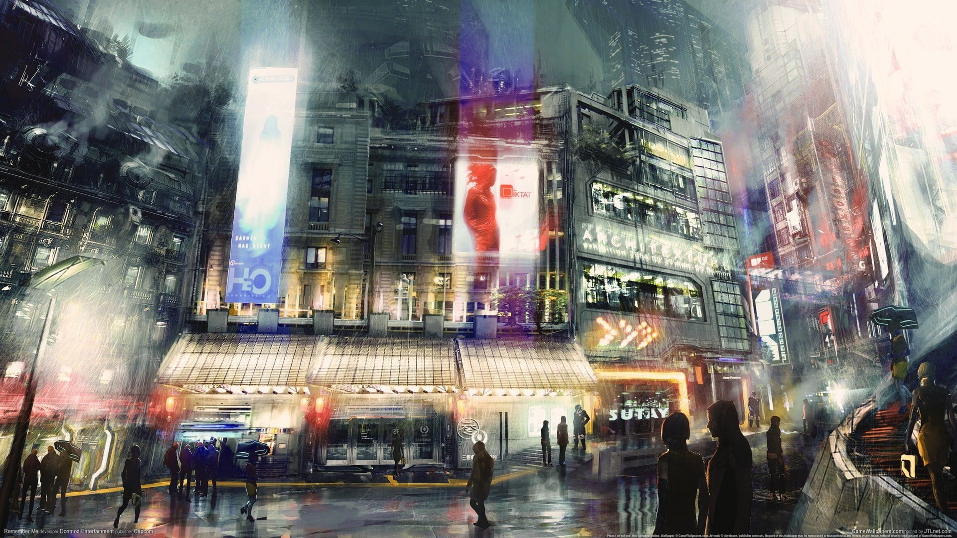 buildings, commercial, high, road, Remember, Me, people, rise, 1080P, illustration, HD Wallpaper