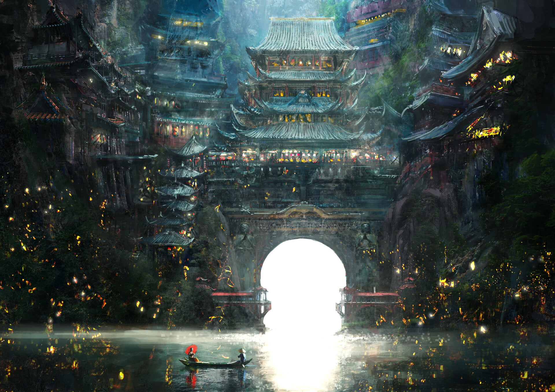 China, 1080P, Shoichi Sugano, fantasy art, city, lake, artwork, digital art, HD Wallpaper