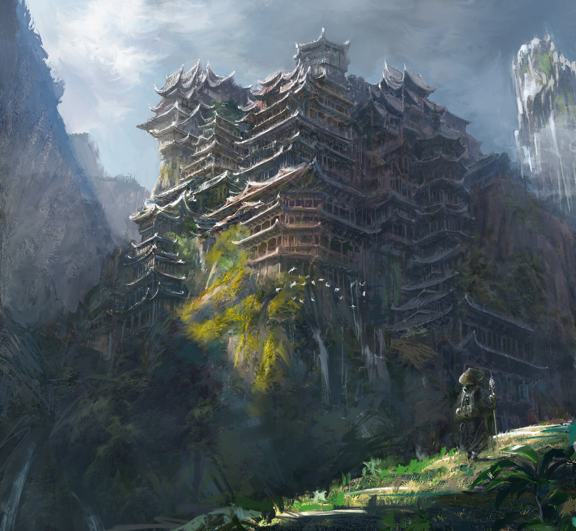 fantasy art, digital art, artwork, 1080P, building, Shoichi Sugano, city, nature, HD Wallpaper