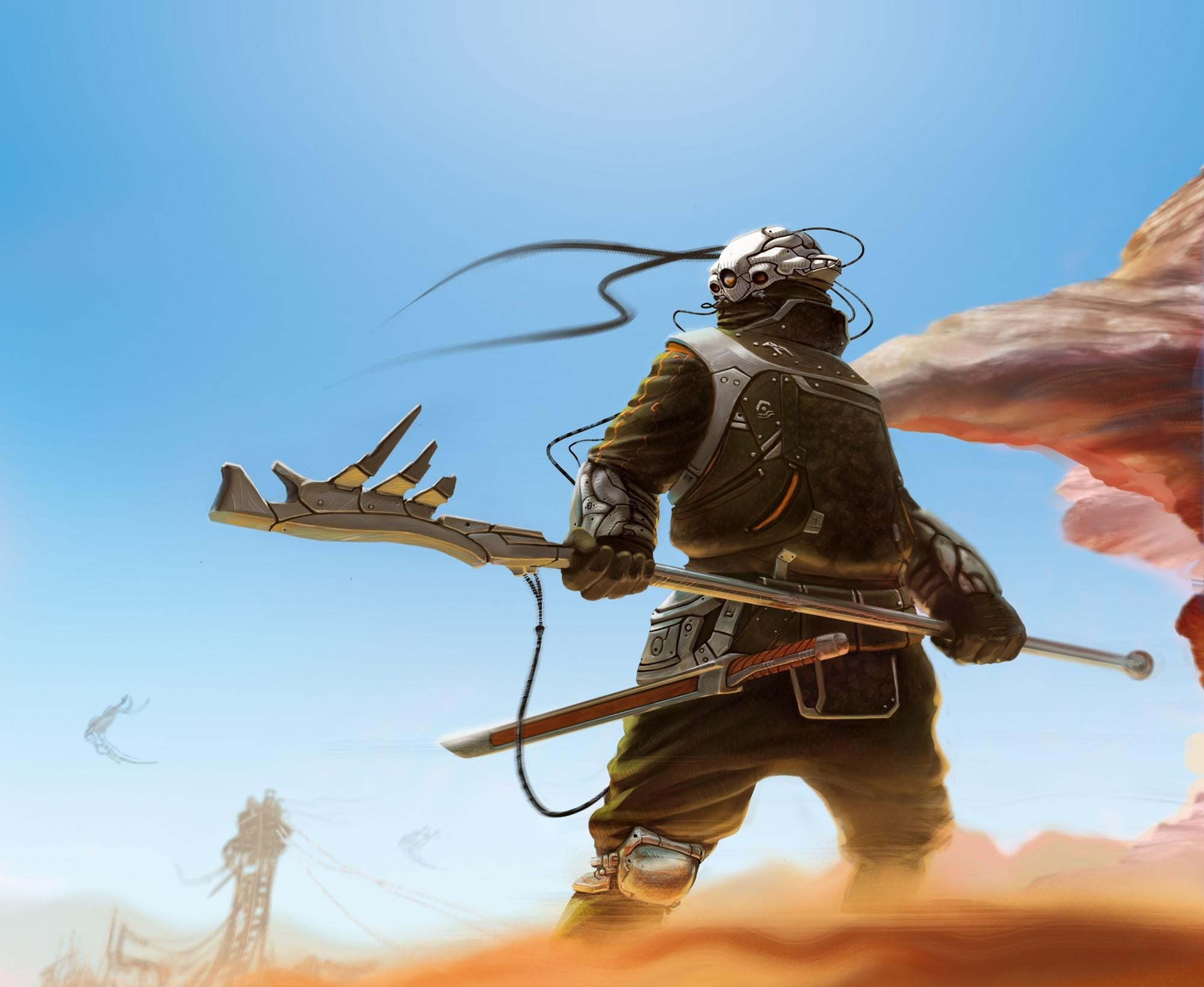 sky, 1080P, weapons, art and craft, sand, angel, nature, blue, history, warrior, sculpture, creativity, cyborg, human representation, no people, HD Wallpaper