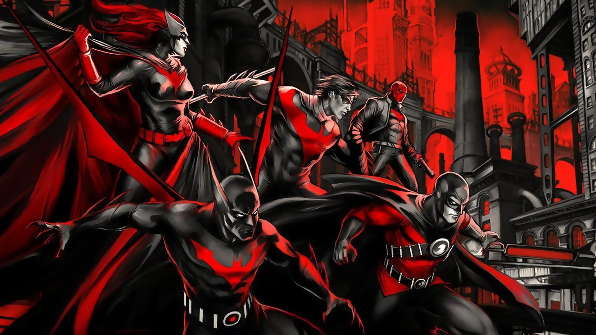 art and craft, day, comics, Red Hood, Batman beyond, Red Robin, hanging, festival, group of people, red, people, built structure, backgrounds, HD Wallpaper