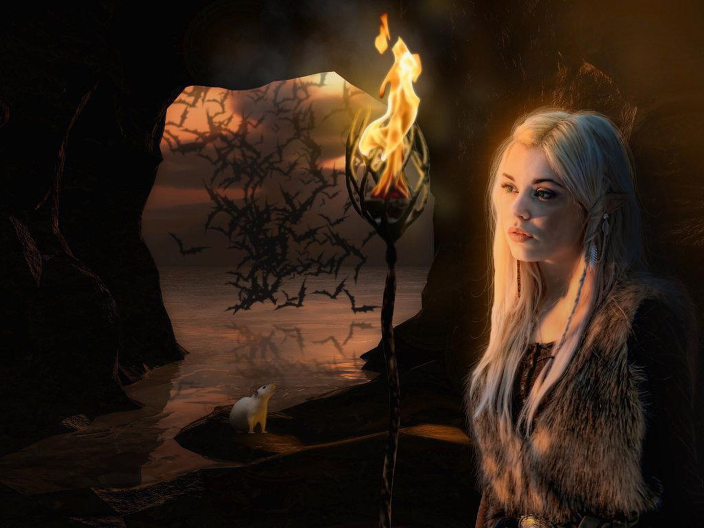 lady, fantasy, bats, light, night, rat, 720P, dweller, cave, HD Wallpaper