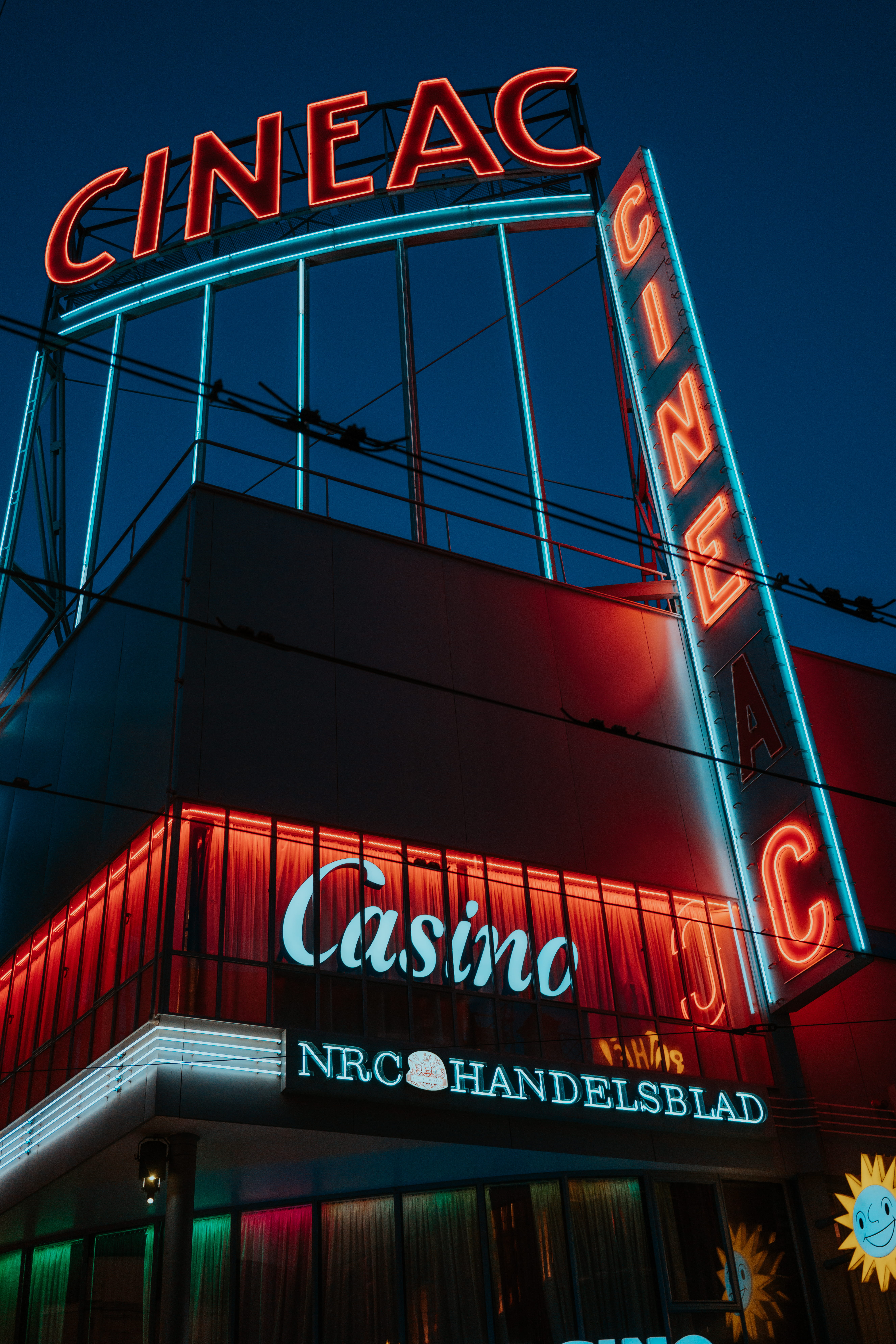 western script, sign, architecture, capital letter, night light, 8K, text, sky, blue neon, information, light, city, no people, red light, low angle view, Phone HD Wallpaper