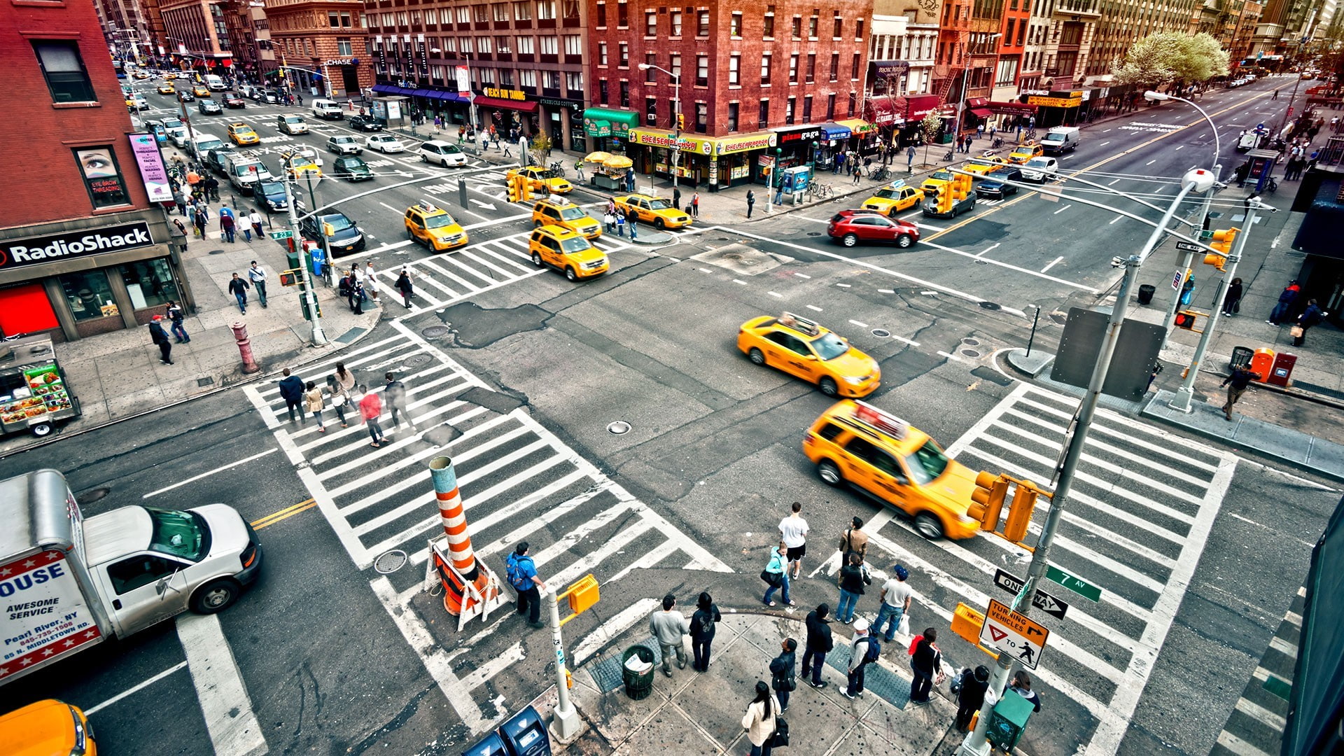 crosswalk, transportation, city architecture cityscape new york city usa building car street urban new york taxi taxi people crowds crossroads, high angle view, HD Wallpaper