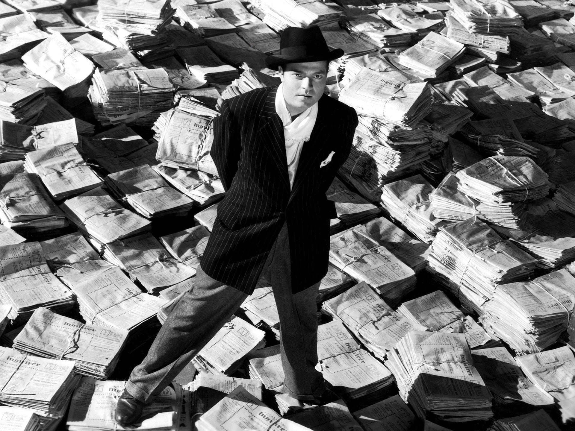 black, actors, pov, suit, retro, citizen, hat, 1080P, newspaper, males, classic, eyes, movies, men, white, face, kane, HD Wallpaper