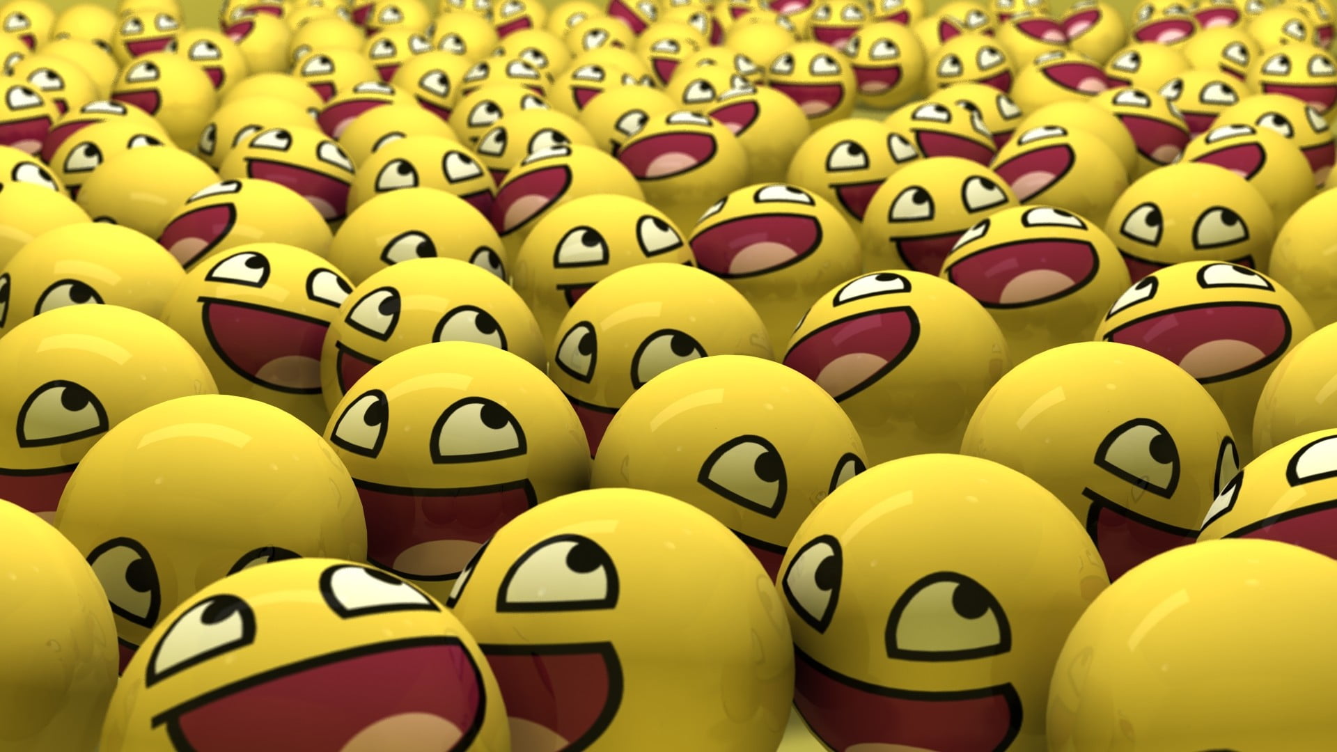 indoors, happy face, sphere, close-up, multi colored, arrangement, 1080P, still life, order, happy, in a row, sport, variation, ball, choice, yellow, abundance, HD Wallpaper