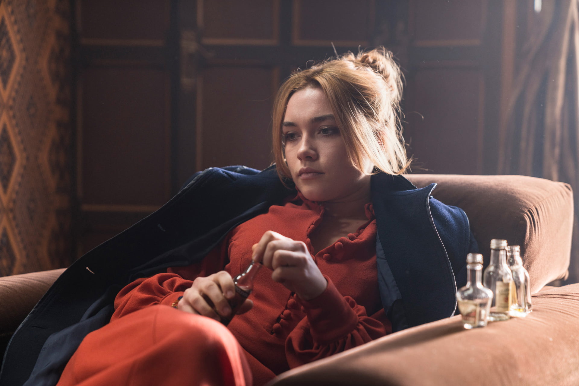 film stills, women, green eyes, sitting, actress, drinking, Florence Pugh, 1080P, women indoors, HD Wallpaper