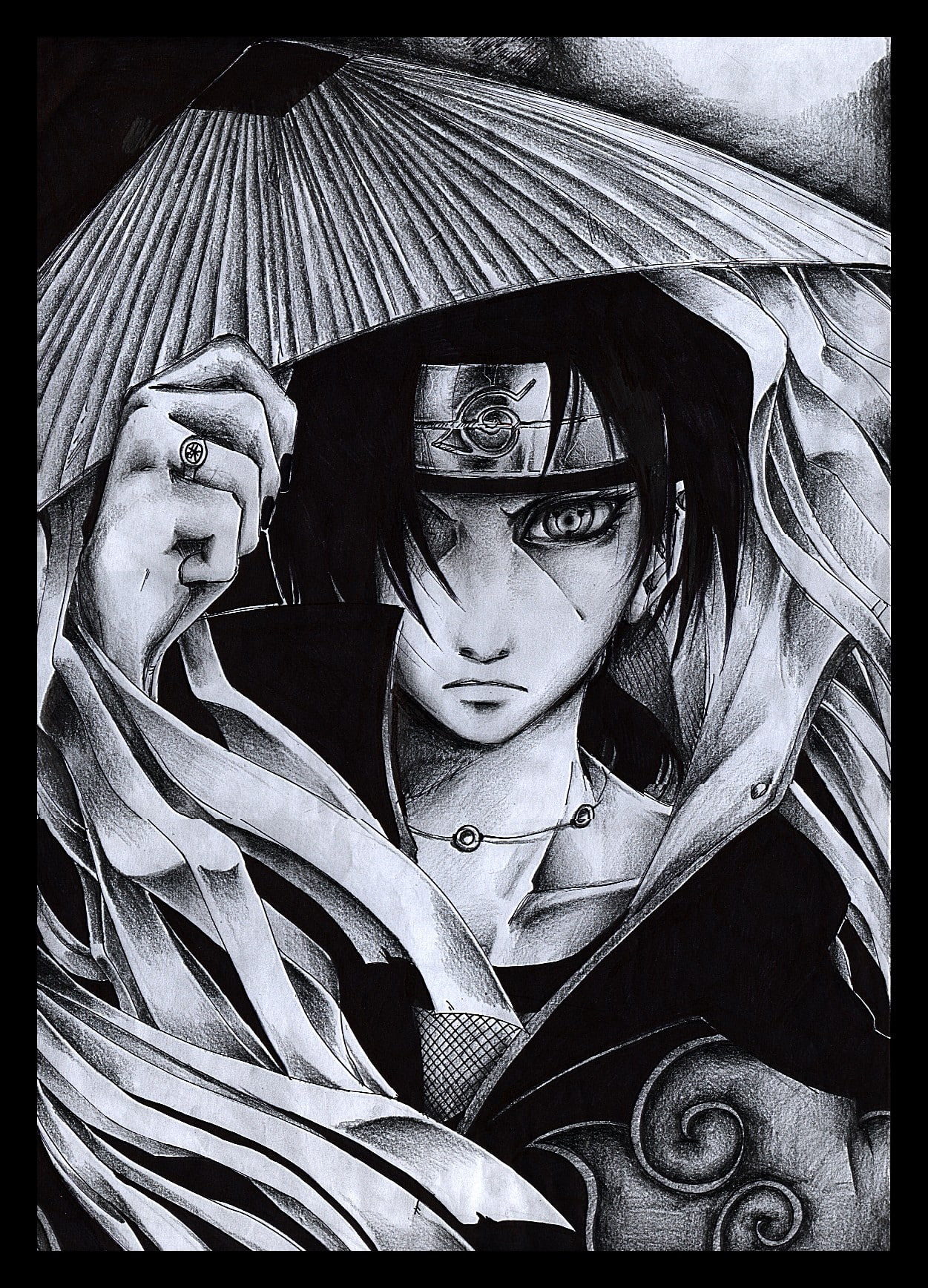 Uchiha Itachi, drawing, Akatsuki, Naruto Shippuuden, 720P, monochrome, Phone HD Wallpaper