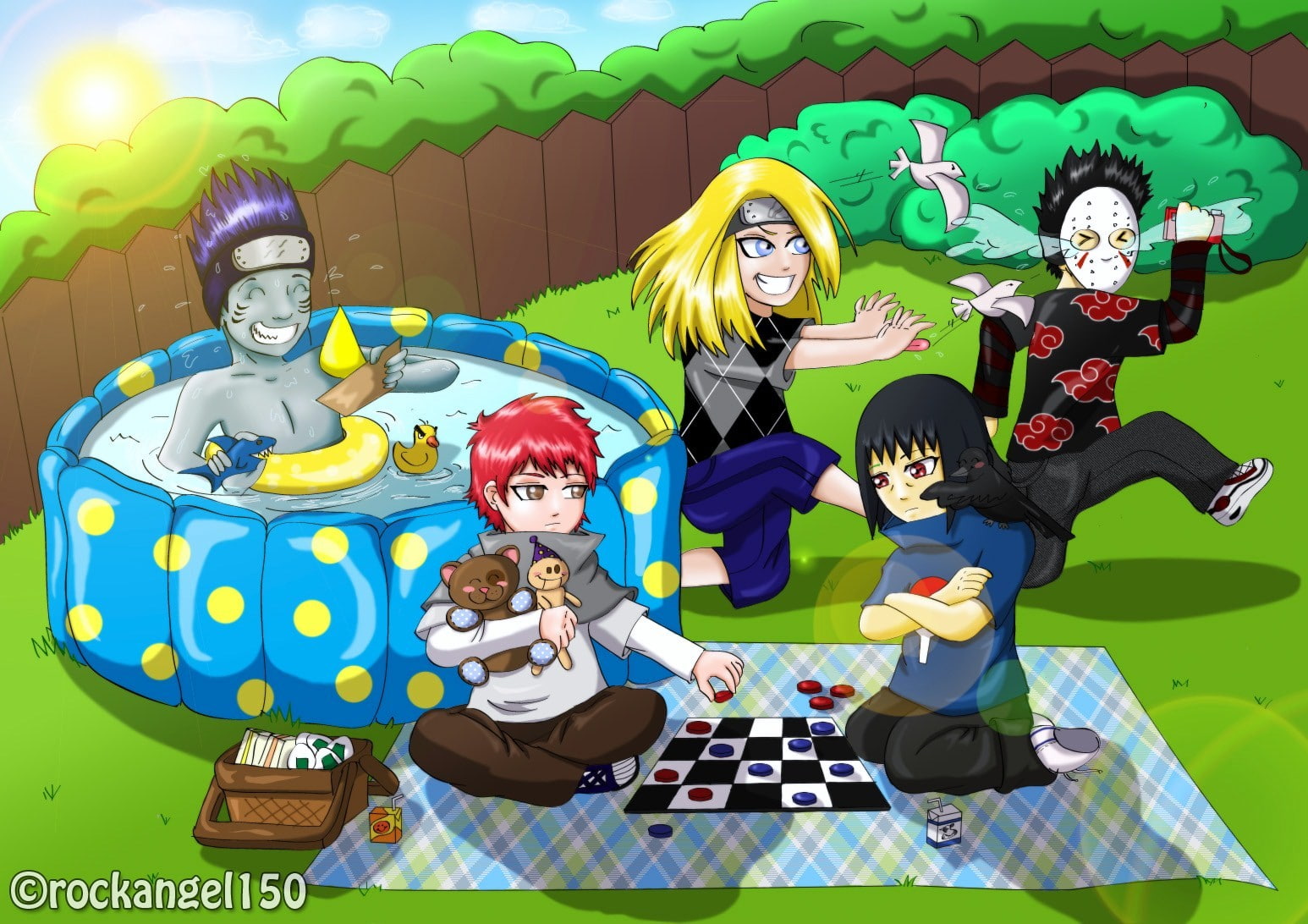 males, arts culture and entertainment, naruto shippuuden fan art hoshigaki kisame swimming pool deidara sasori uchiha itachi tobi, women, young adult, 720P, HD Wallpaper