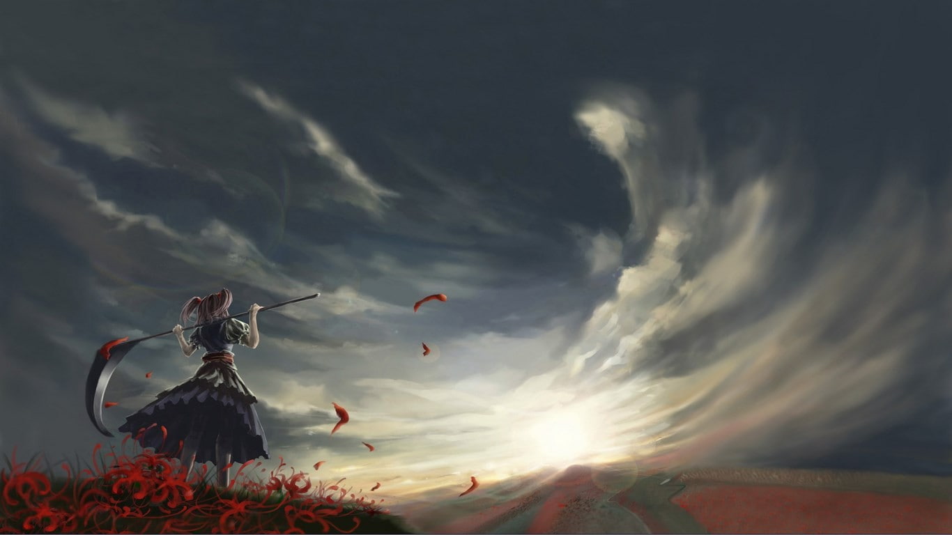 mid-air, anime, nature, outdoors, Touhou, anime girls, sunset, clouds, sunlight, 720P, twintails, dress, transportation, scythe, flying, sun, field, drawing, HD Wallpaper