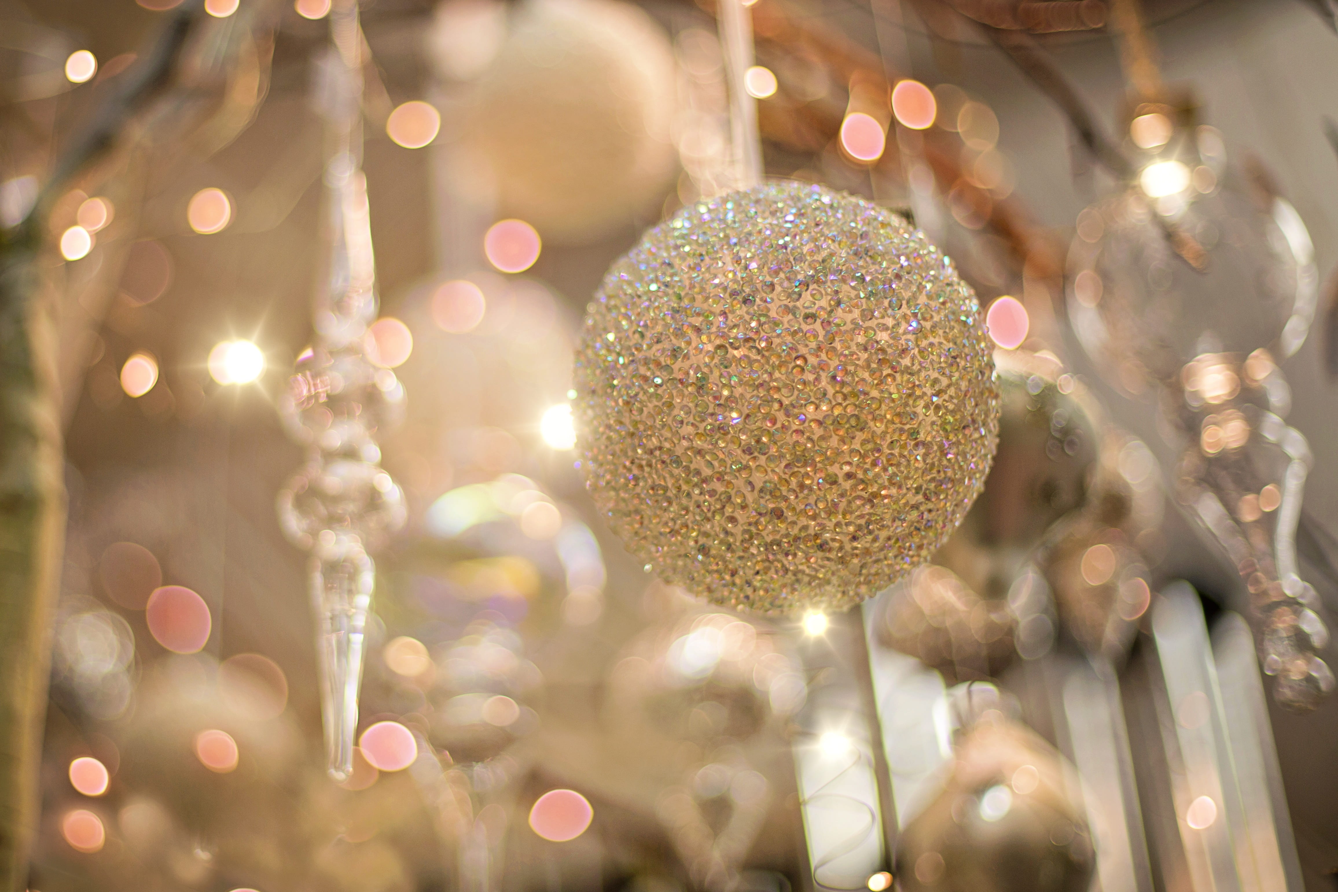 celebration, focus on foreground, defocused, christmas lights, sparkle, decor, tree, no people, christmas tree, xmas, christmas ornament, bright, close-up, HD Wallpaper