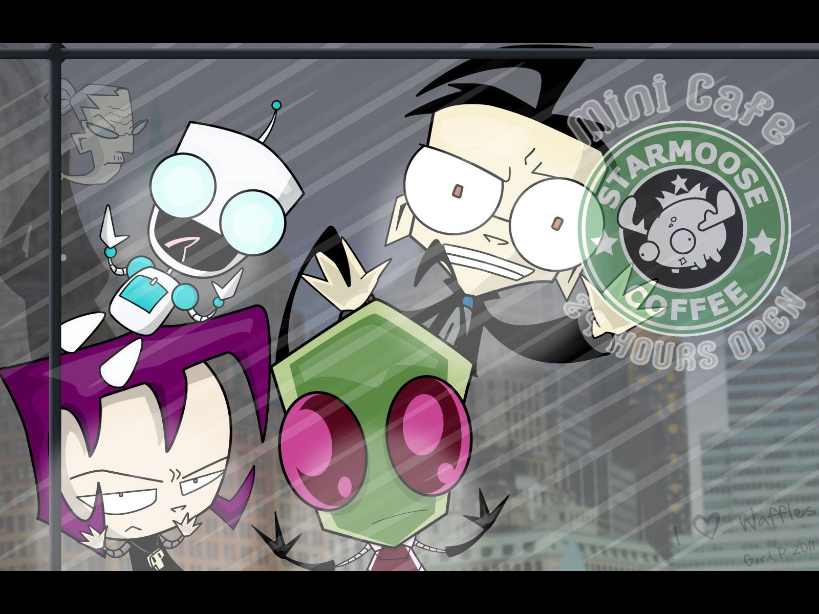 gir, starbucks, zim, cities, robots, dib, invader, gaz, aliens, 720P, HD Wallpaper