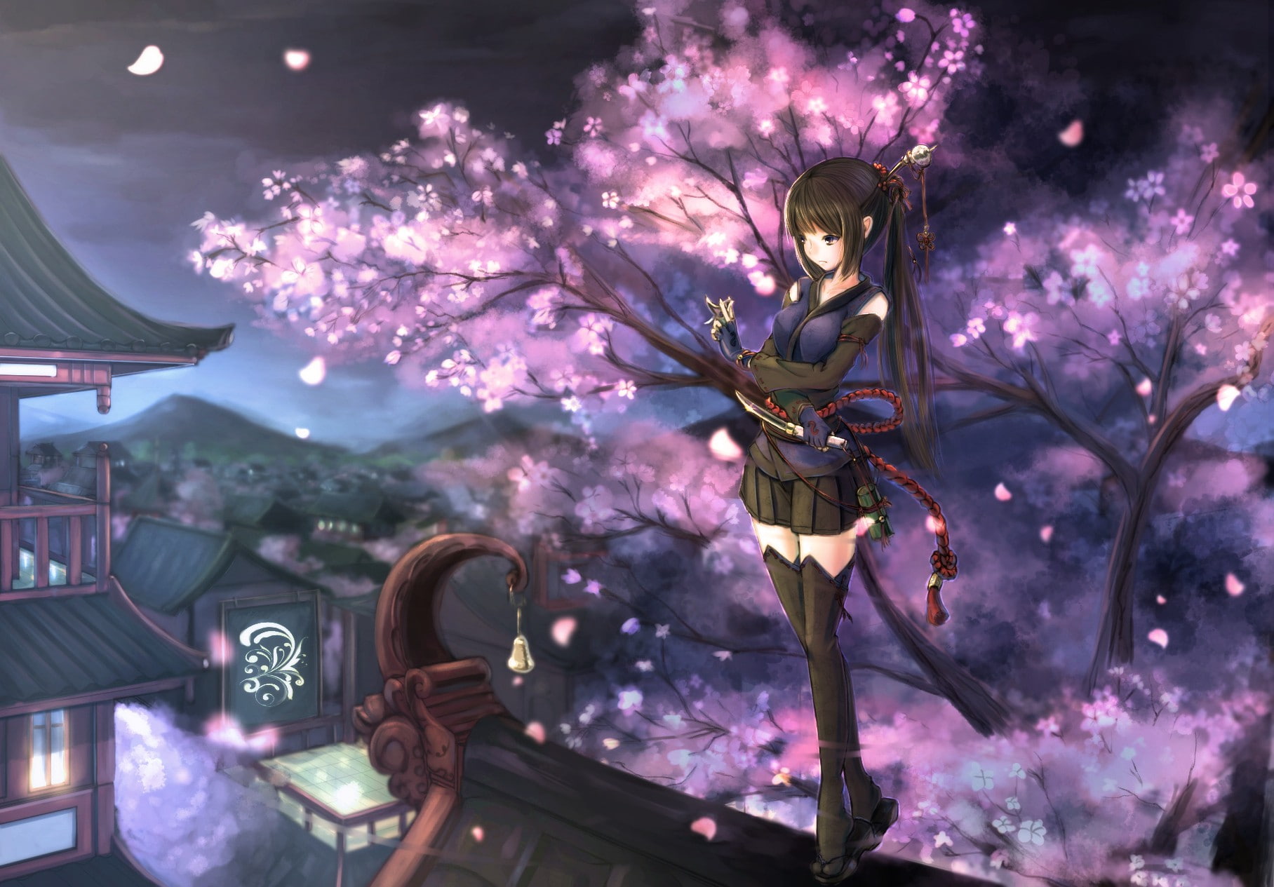 anime girls, 720P, original characters, Kunoichi, night, cherry blossom, anime, HD Wallpaper