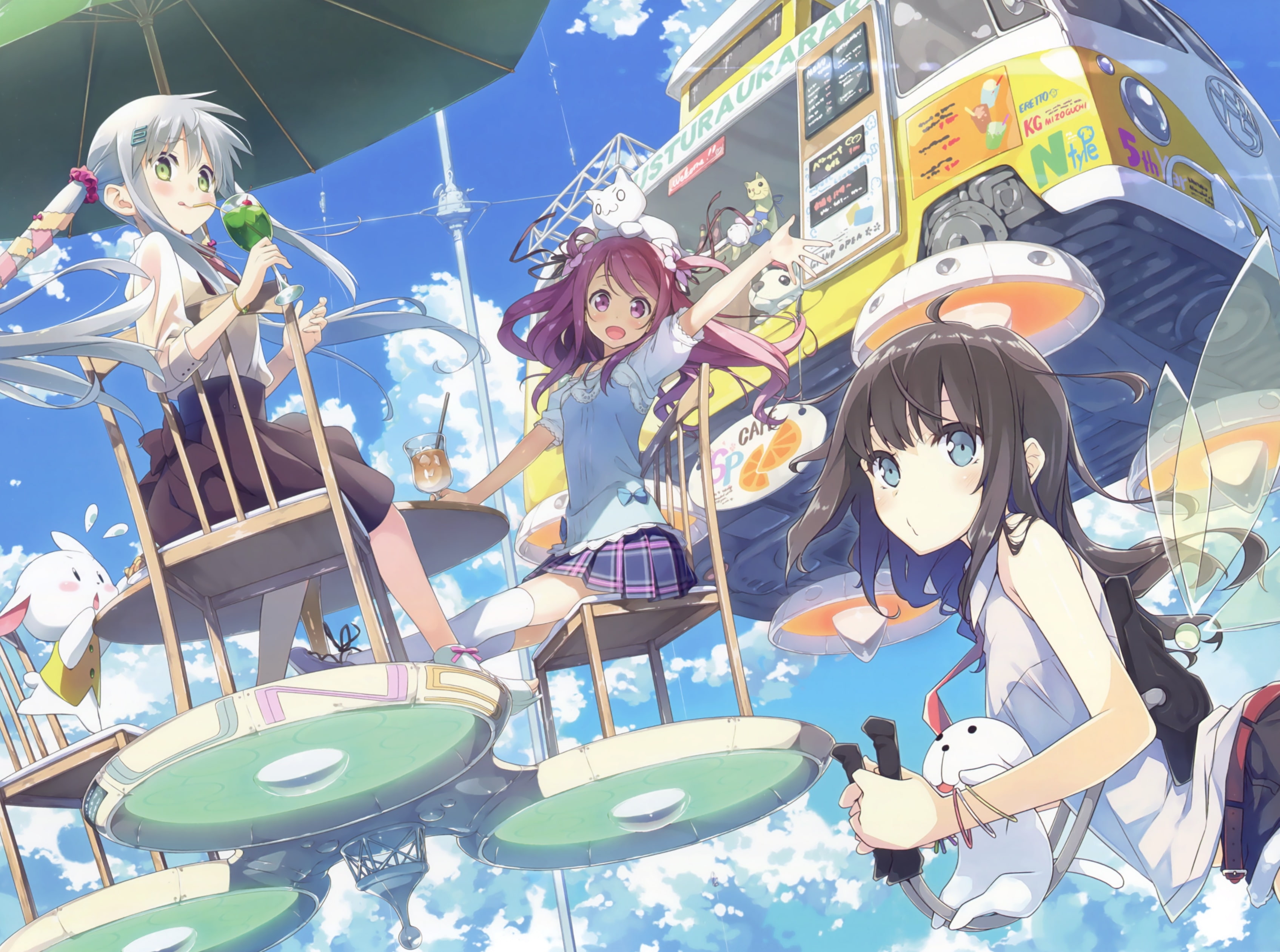drinks, flying, Anime, anime girls, wings, friends, moe, 2K, HD Wallpaper