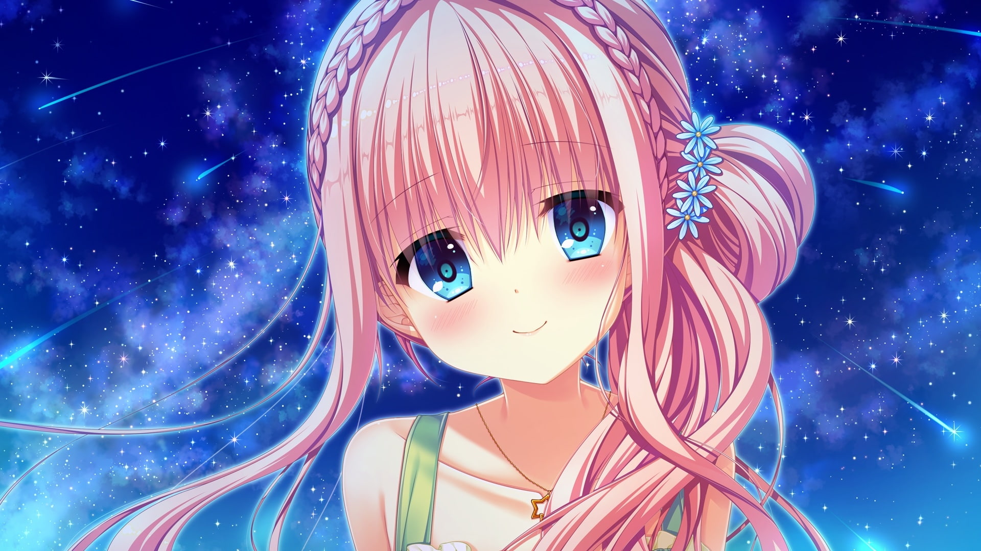sky, long exposure, night, illuminated, Anime, blue, astronomy, tenpure!!, smiling, 1080P, visual novel, close-up, multi colored, koiwai sena, outdoors, HD Wallpaper