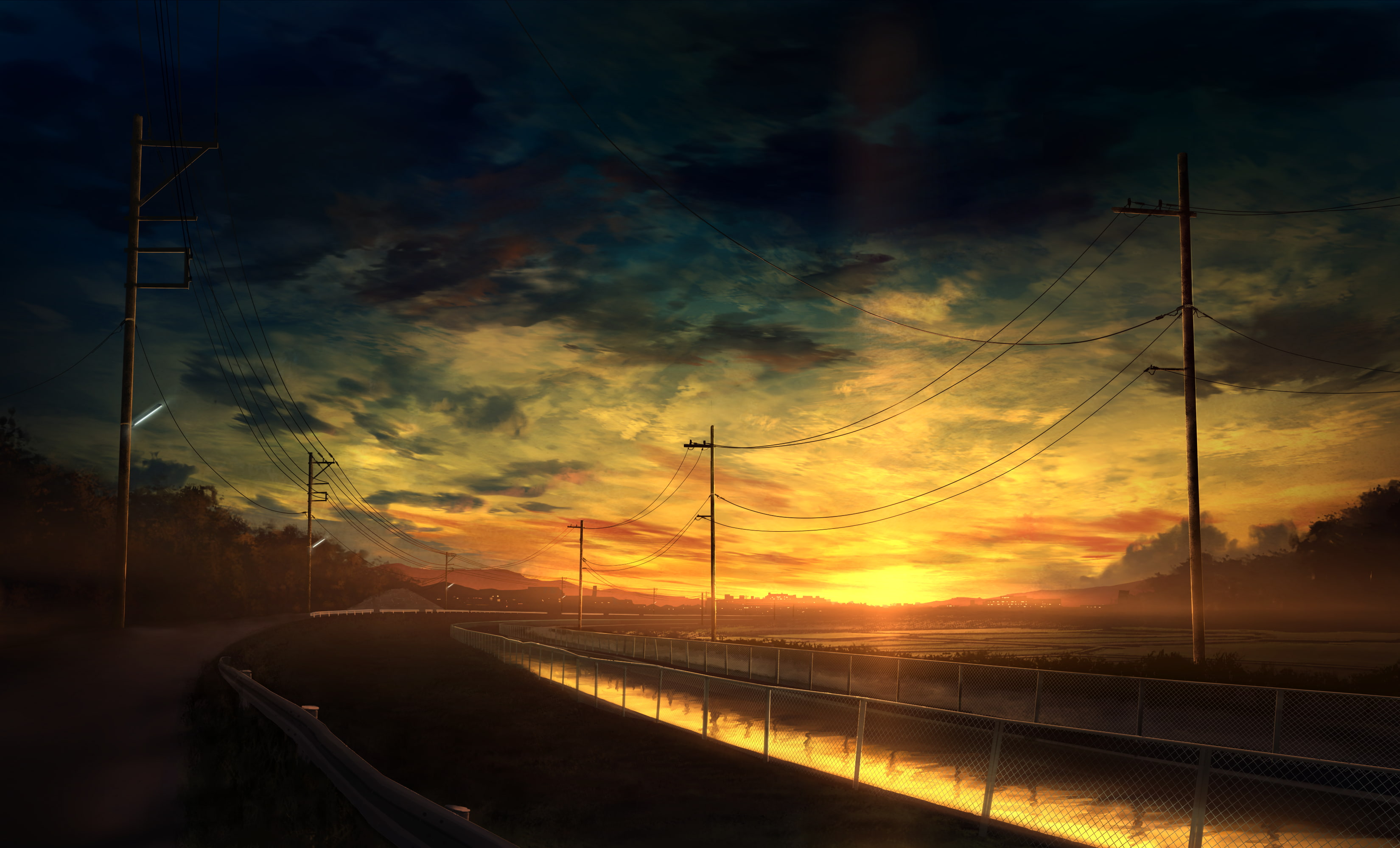 2K, sunset, road, utility pole, anime, HD Wallpaper