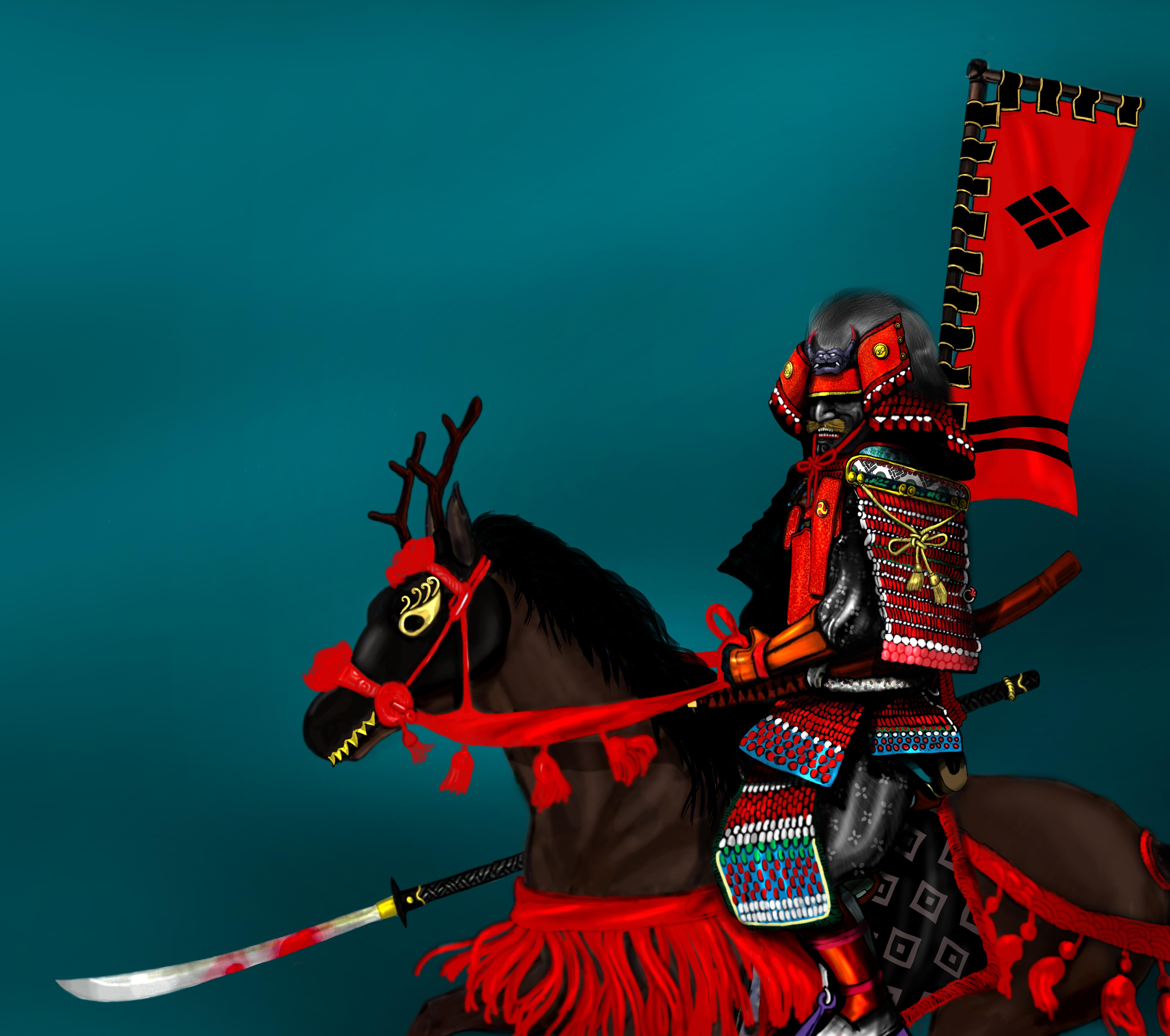 horse, warrior, red, 5K, samurai, japan, japanese, naginata, black, kabuto, HD Wallpaper
