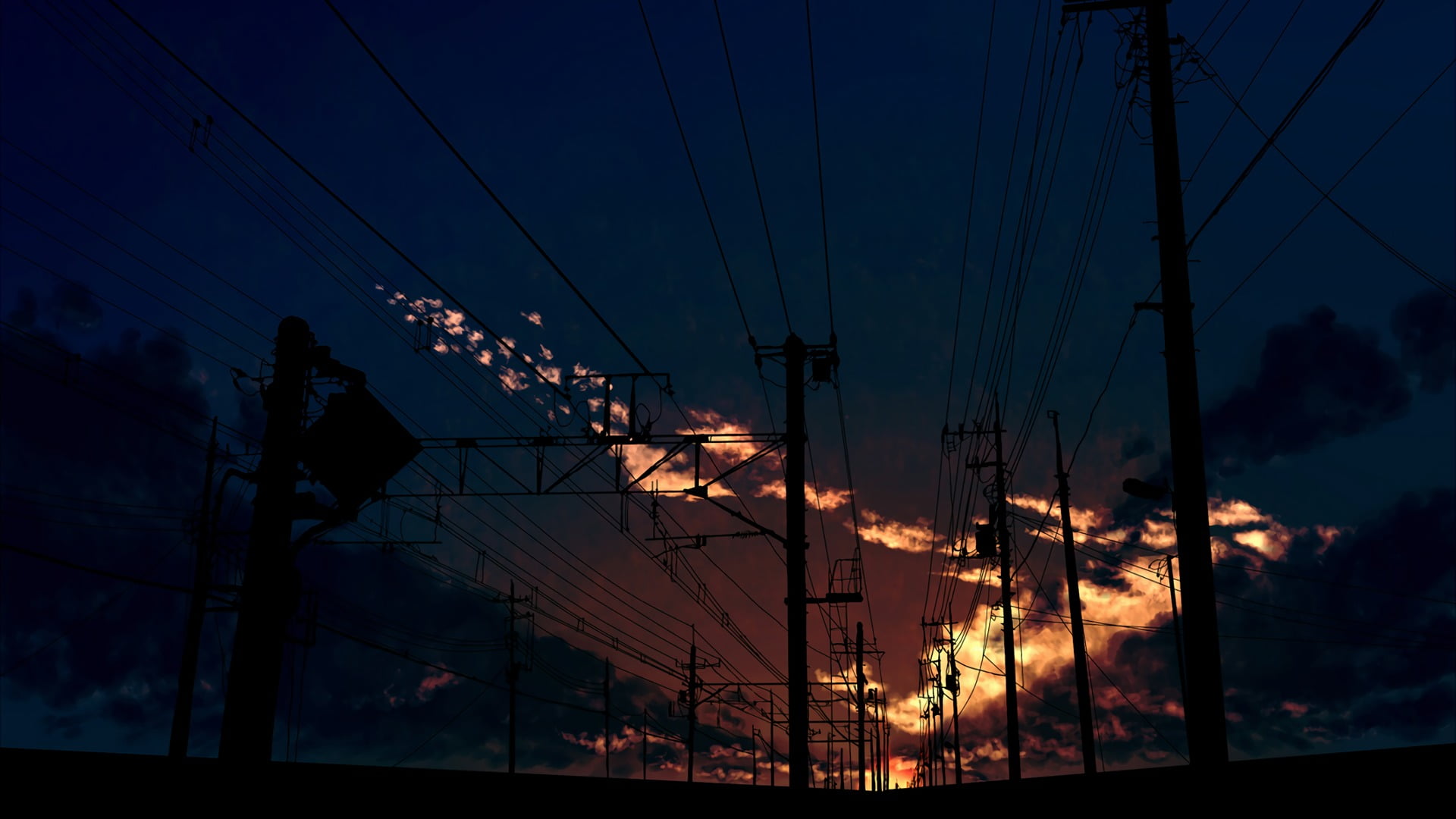 cables, sky, dusk, low angle view, street, electricity, silhouette, 1080P, sunset, power line, architecture, night, complexity, fantasy art, illuminated, HD Wallpaper