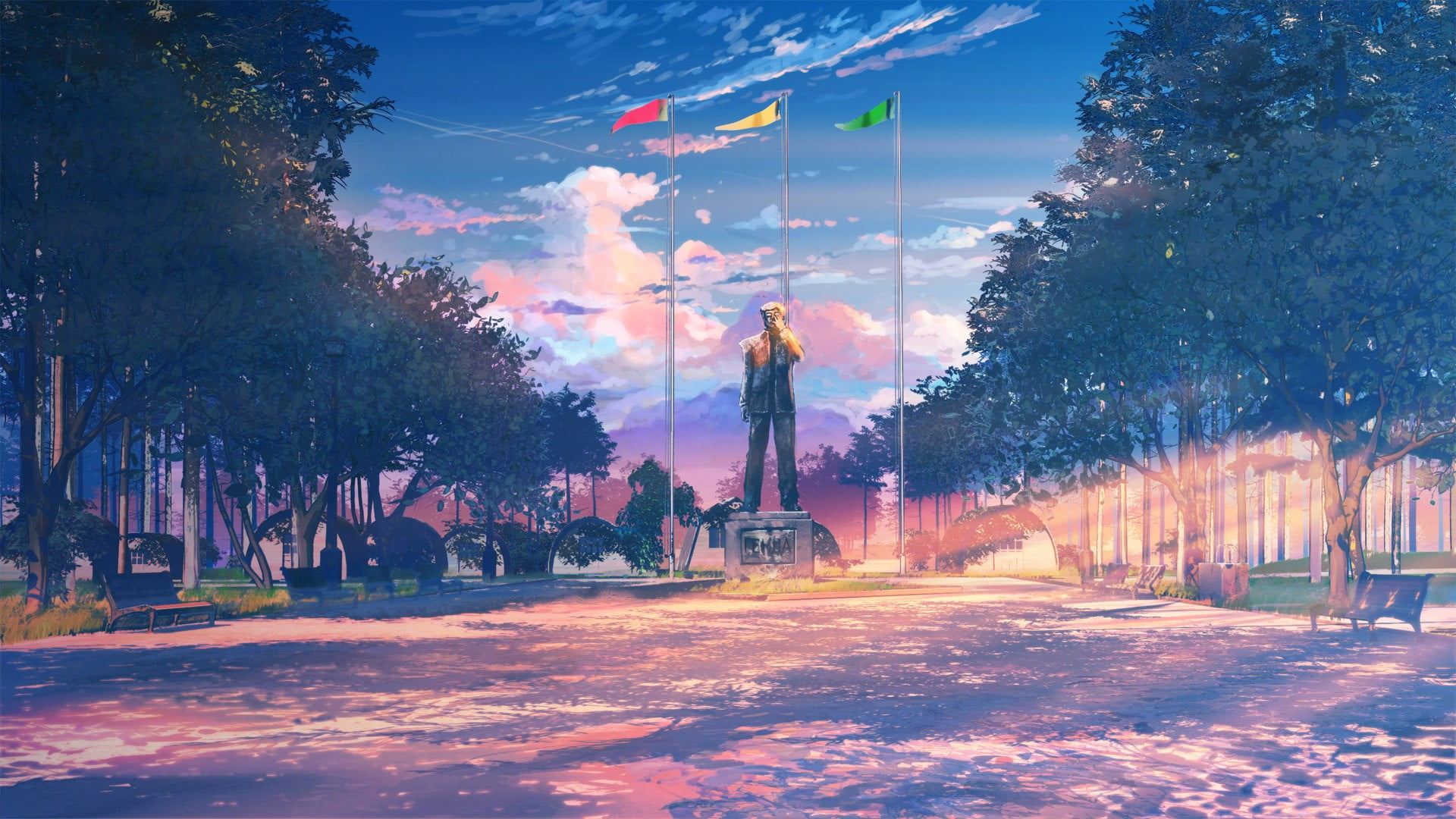 street, tree, outdoors, sky, Everlasting Summer, city, celebration, nature, statue, incidental people, green, flag, christmas, motion, plant, video games, HD Wallpaper
