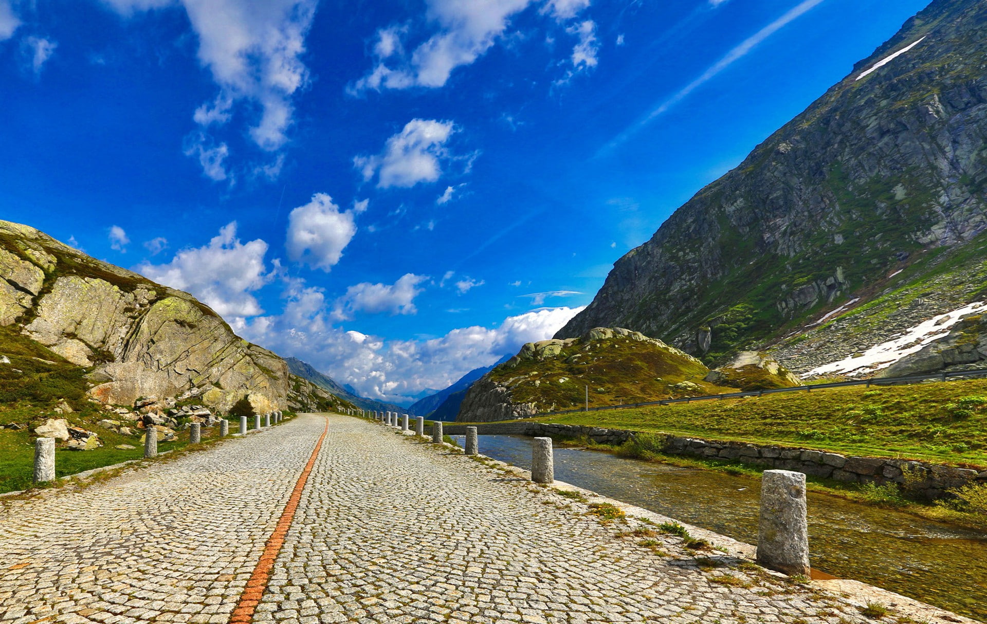 river, sky, concrete, clouds, 1080P, grey, cobbles, mountains, road, river cobbles, HD Wallpaper