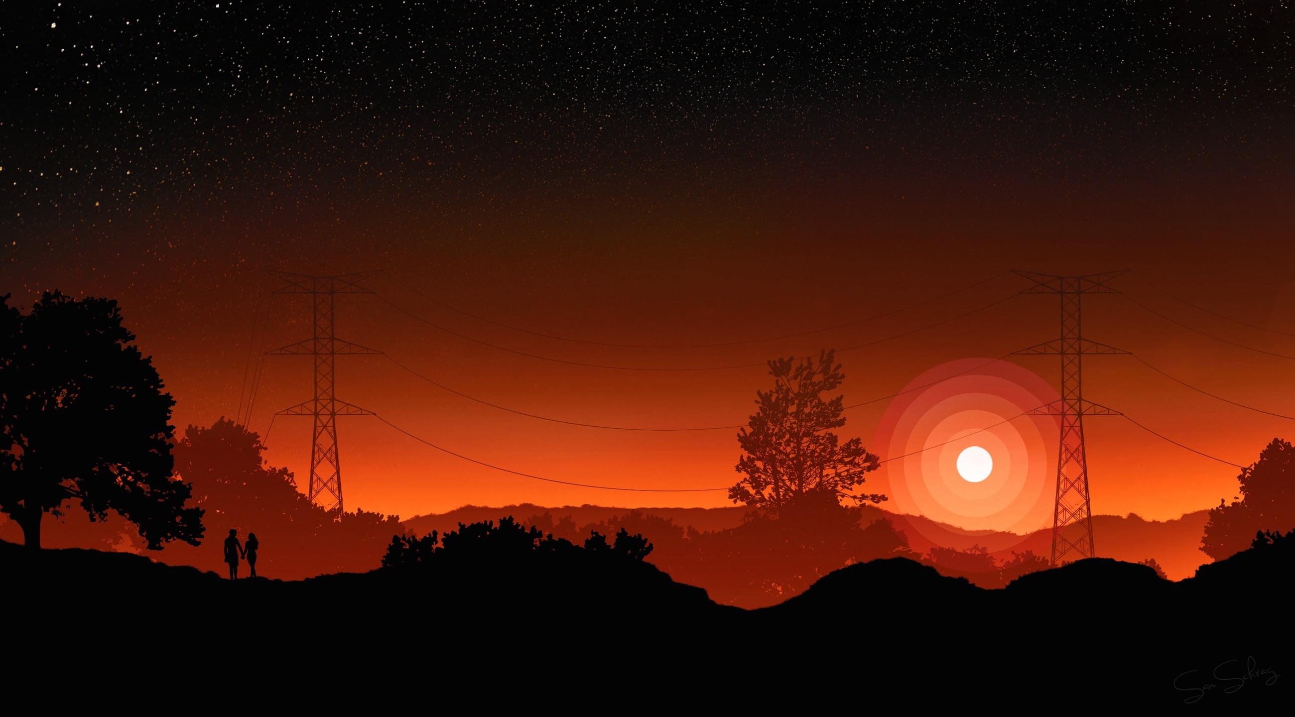 floral, idyllic, tree, scenics - nature, silhouette, cable, outdoors, electricity pylon, beauty in nature, sunset, tranquility, black, electricity, orange color, HD Wallpaper