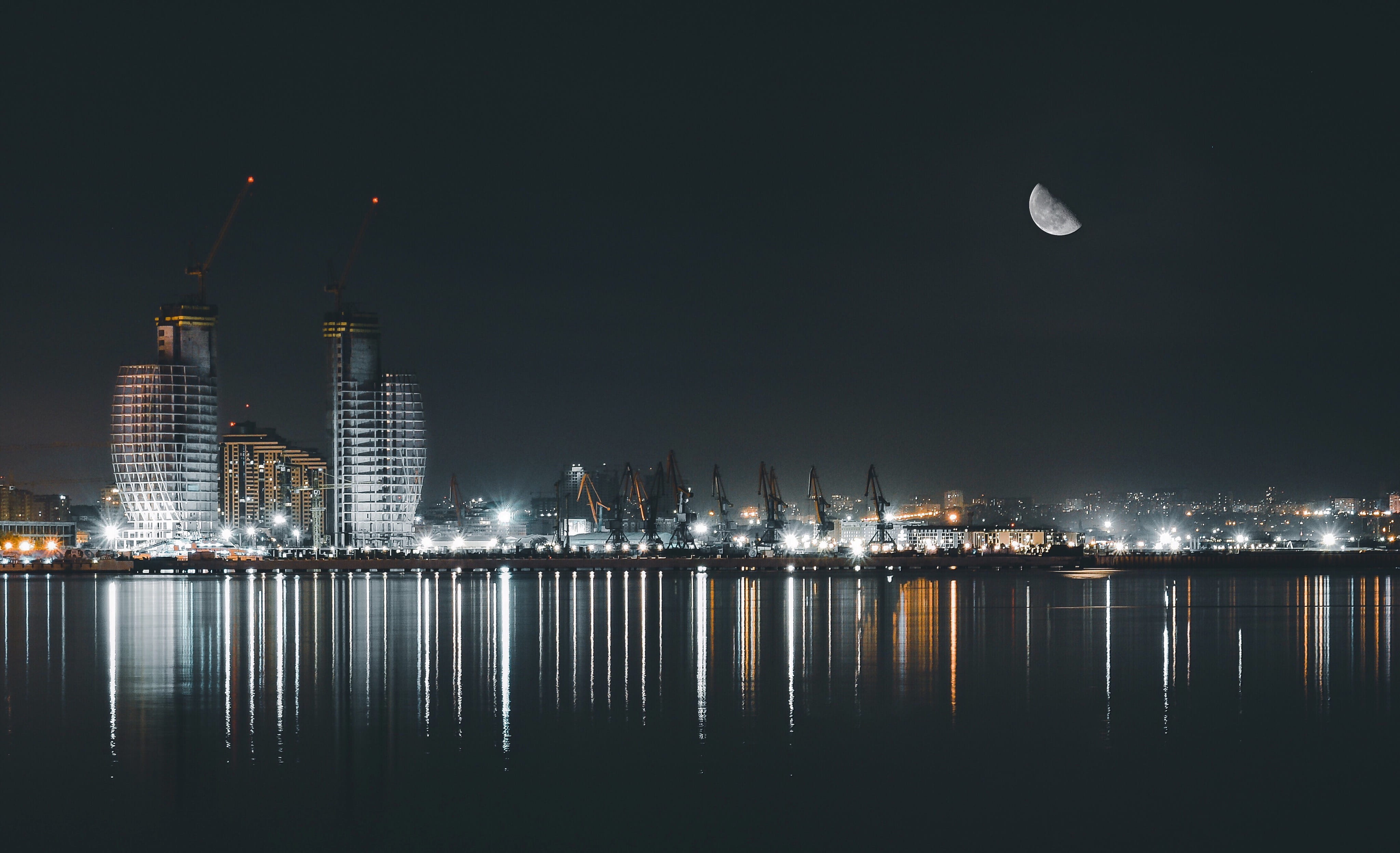 waterfront, full moon, office building exterior, azarbaijan, sea, financial district, metropolis, built structure, reflection, night, skyscraper, water, HD Wallpaper