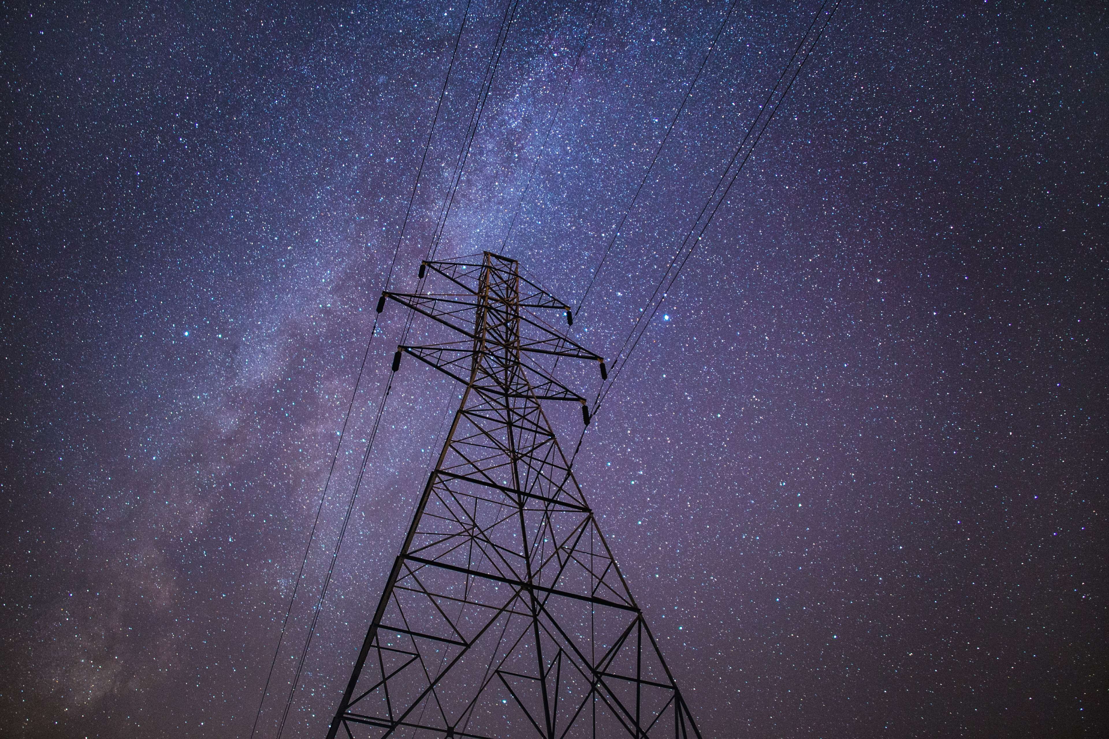 utility pole, space, no people, sky, built structure, scenics - nature, low angle view, power, connection, star, milky way, energy, star - space, nature, HD Wallpaper