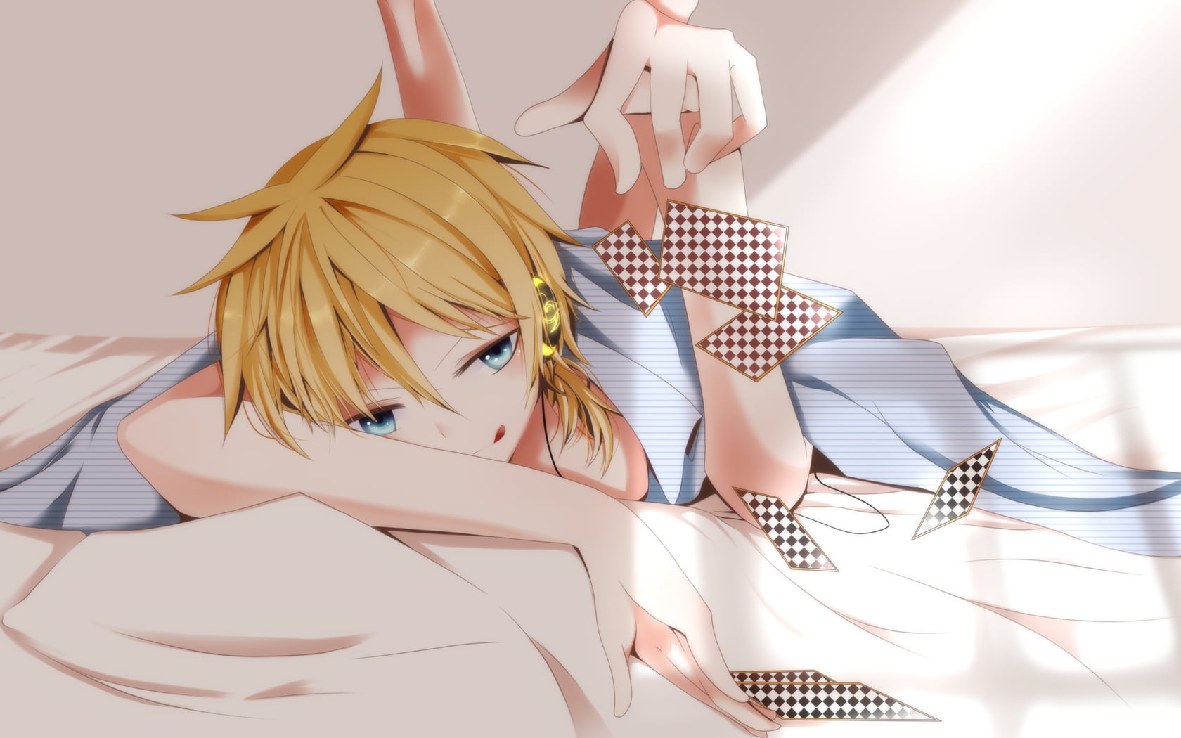 clothing, furniture, women, hairstyle, anime girls, anime, Vocaloid, hair, day, male, lifestyles, adult, character, cards, Kagamine Len, anime boys, sitting, HD Wallpaper