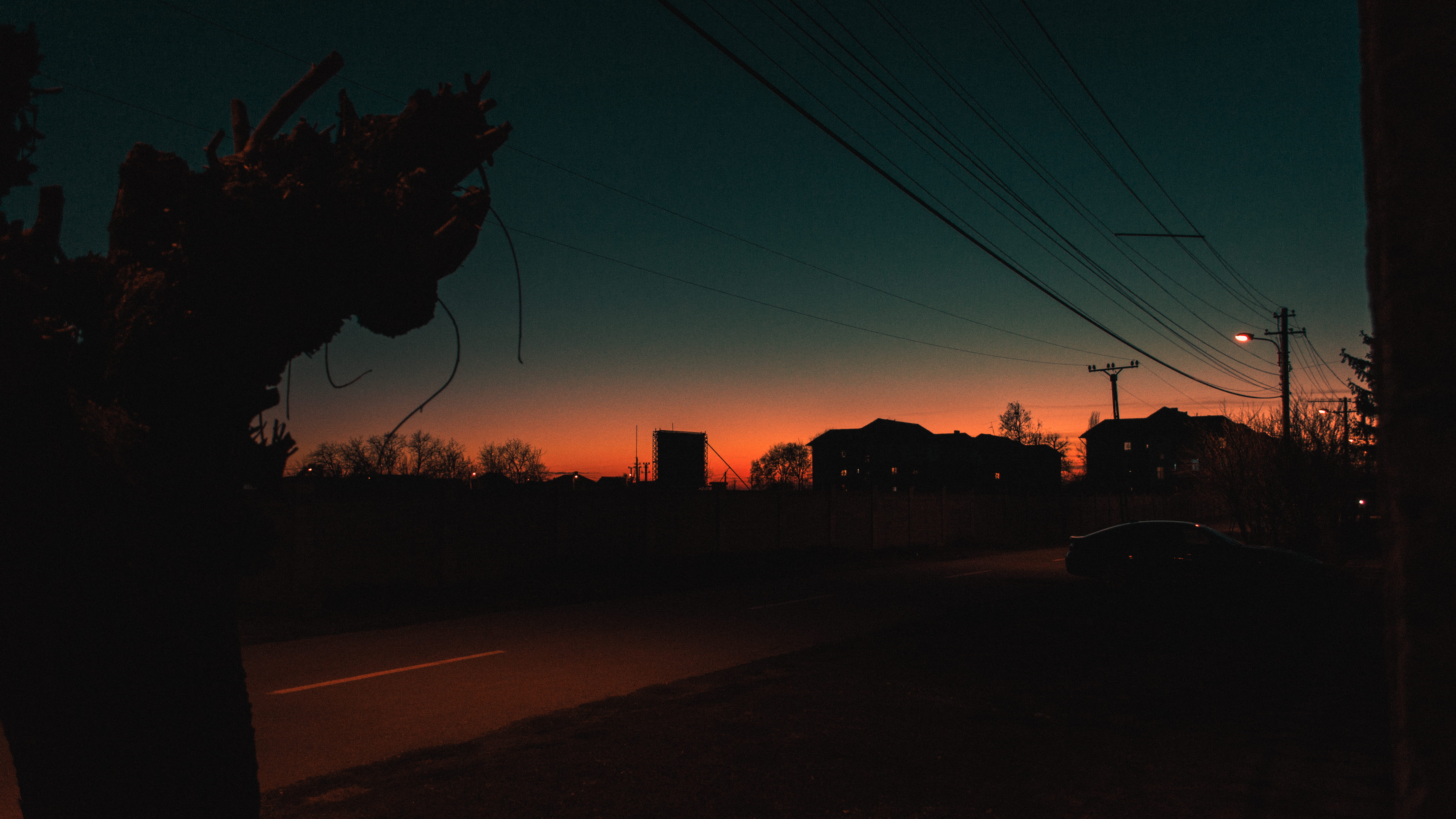 technology, trees, motor vehicle, nature, houses, built structure, telephone line, dark, street, sky, mode of transportation, cable, no people, light, outdoors, HD Wallpaper