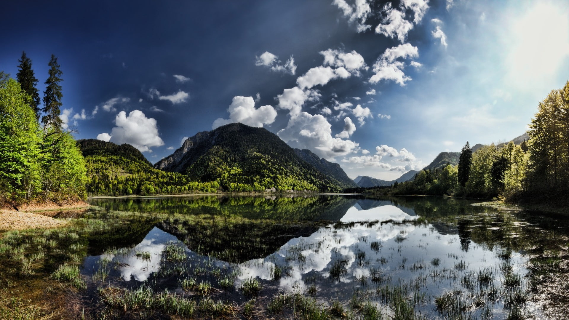 1080P, landscape, lake, nature, clouds, reflection, grey, sky, HD Wallpaper