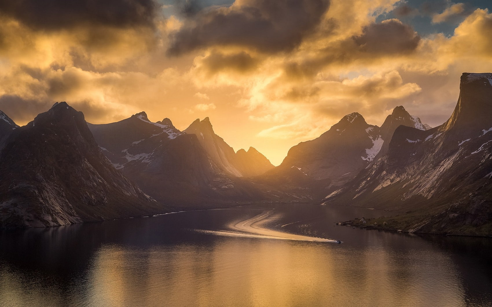 mountain, 720P, lake, nature, peak, island, landscape, norway, sky, sunset, fjord, HD Wallpaper