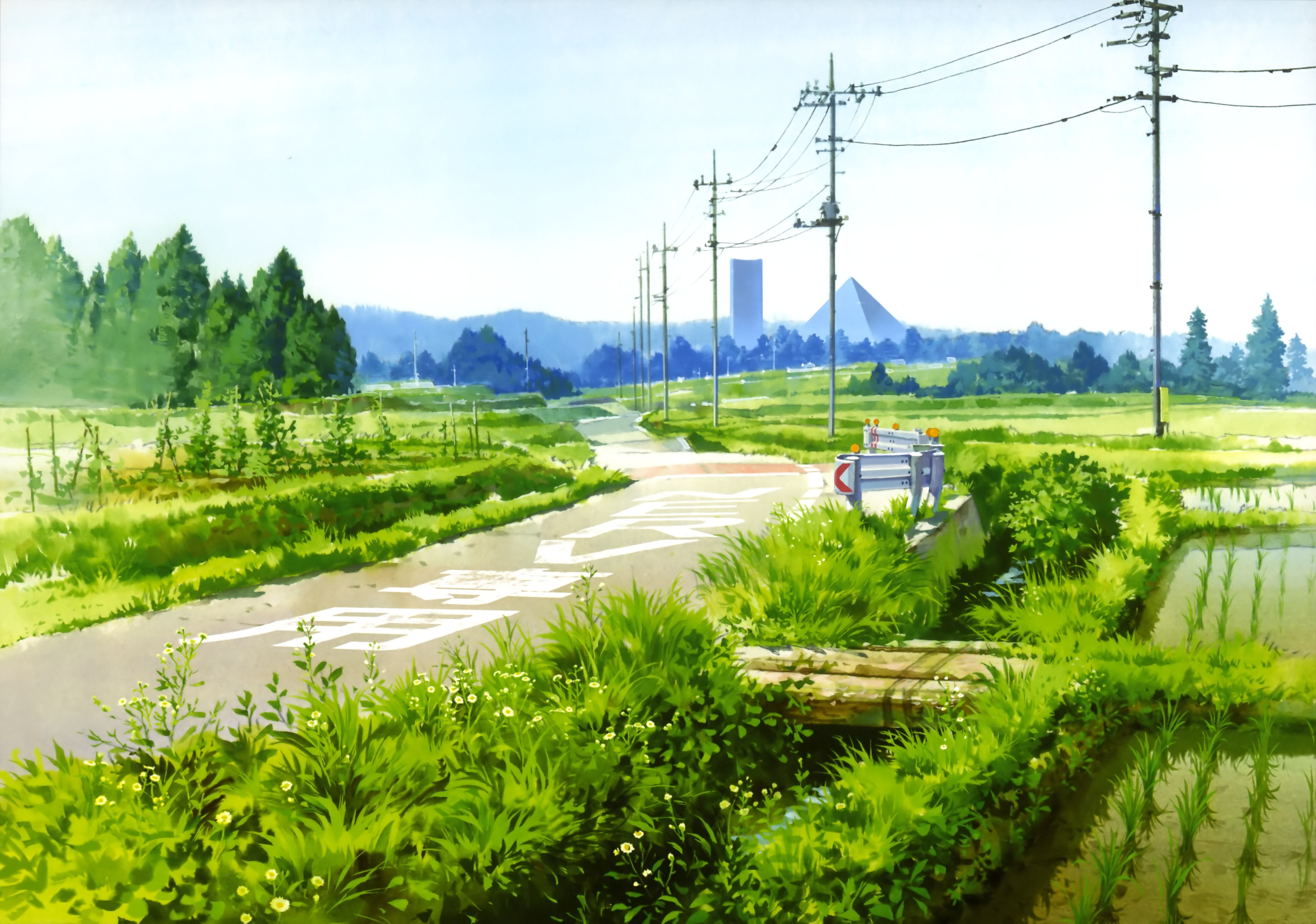 land vehicle, electricity pylon, transportation, road, anime, day, clouds, growth, mode of transportation, motor vehicle, sky, lawn, green, outdoors, landscape, HD Wallpaper