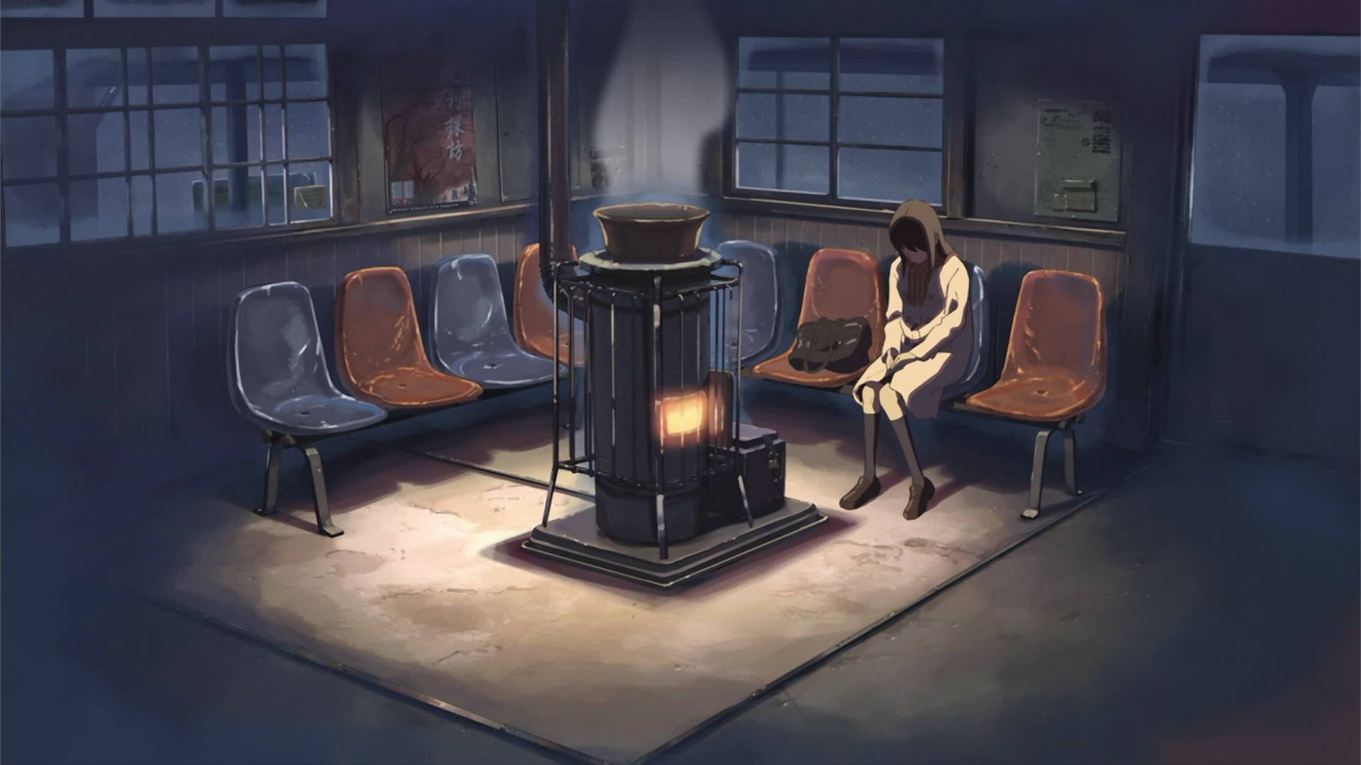 Makoto Shinkai, chairs, centimeters, per, smoke, Winter, 5 Centimeters Per Second, 1080P, makoto, nature, art, second, hd, shinkai, HD Wallpaper