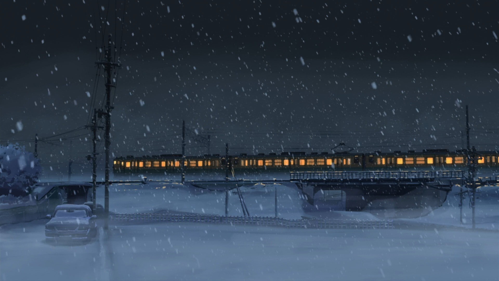1080P, 5 Centimeters Per Second, winter, snow, power lines, train, anime, Makoto Shinkai, HD Wallpaper