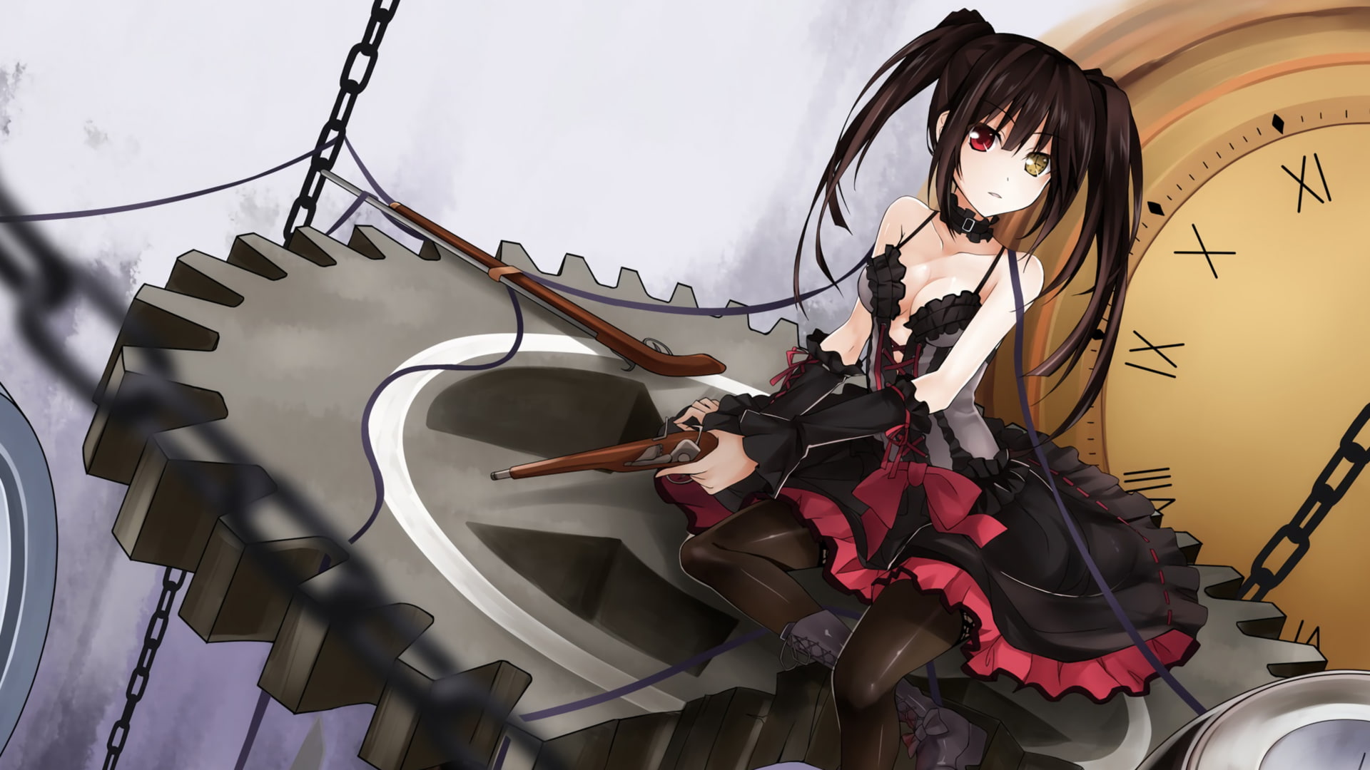 clocks, manga, dress, Tokisaki Kurumi, artwork, gun, boots, anime girls, long hair, 1080P, weapon, anime, Date A Live, cleavage, HD Wallpaper