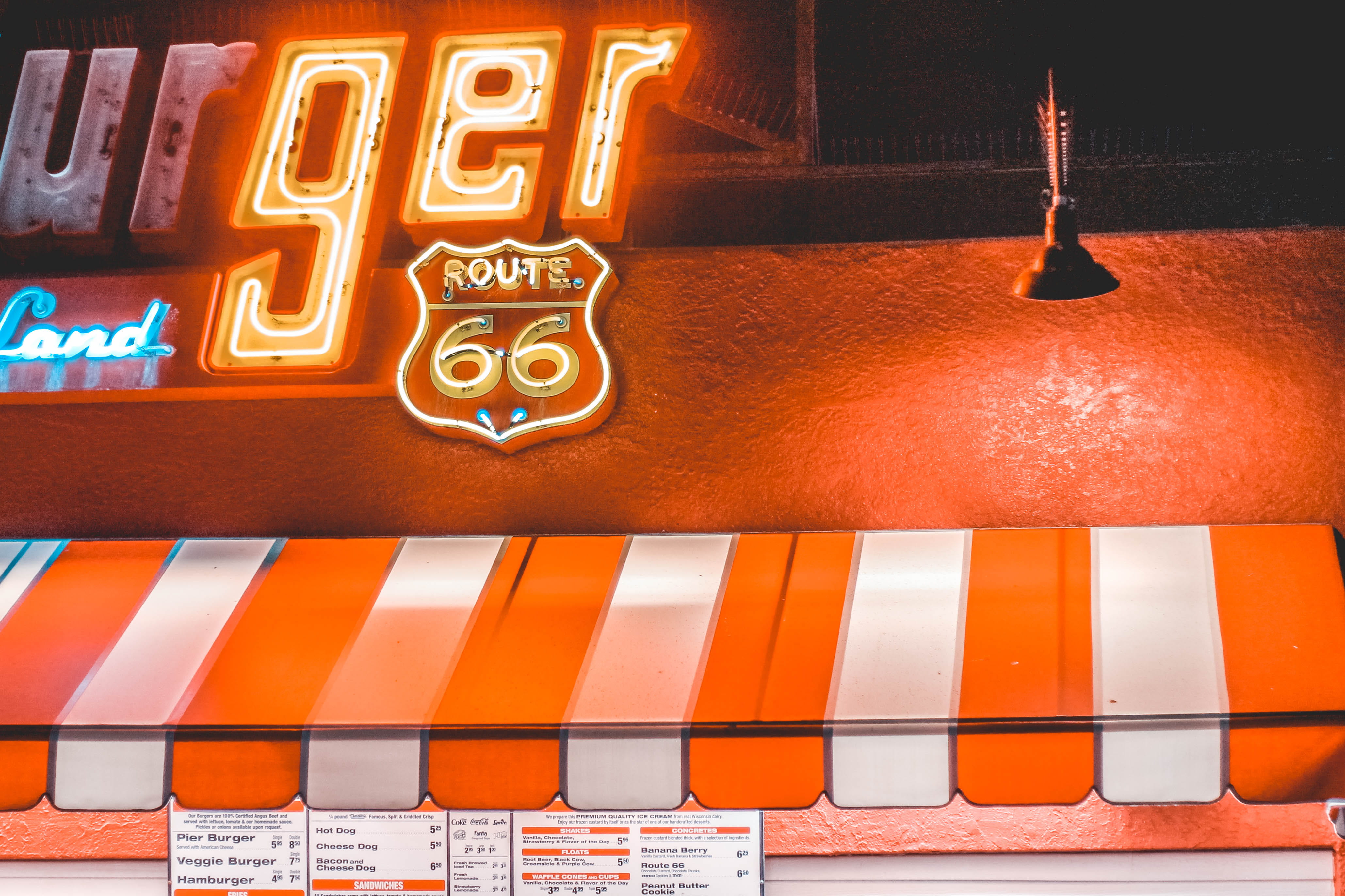 architecture, in a row, light, text, guitar, commercial sign, fence, signage, shop, orange color, no people, illuminated, low angle view, la, santa monica, HD Wallpaper