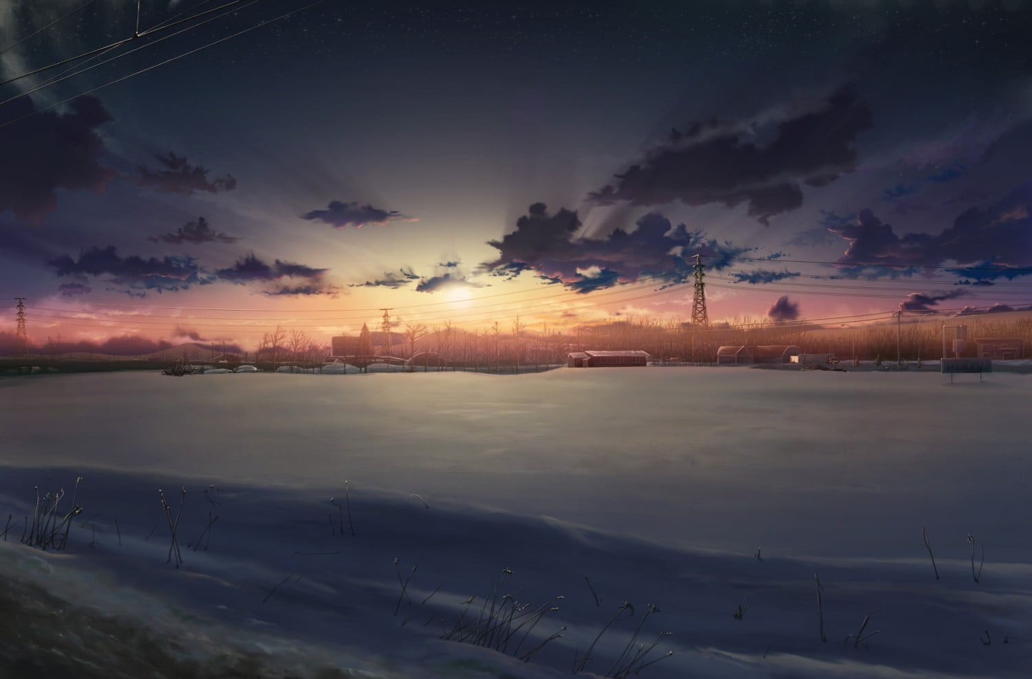 beauty in nature, body, illustration, sunset, plant, anime, landscape, outdoors, 5 Centimeters Per Second, cloud - sky, tranquil scene, scenics - nature, HD Wallpaper
