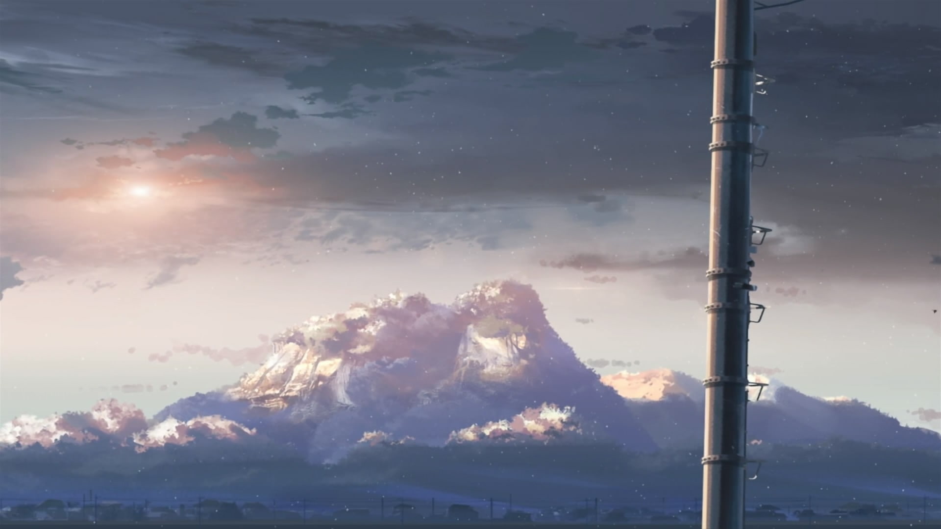 5 Centimeters Per Second, idyllic, non-urban scene, tranquil scene, mountain, outdoors, scenics - nature, cloud - sky, Makoto Shinkai, pollution, sky, sunbeam, HD Wallpaper