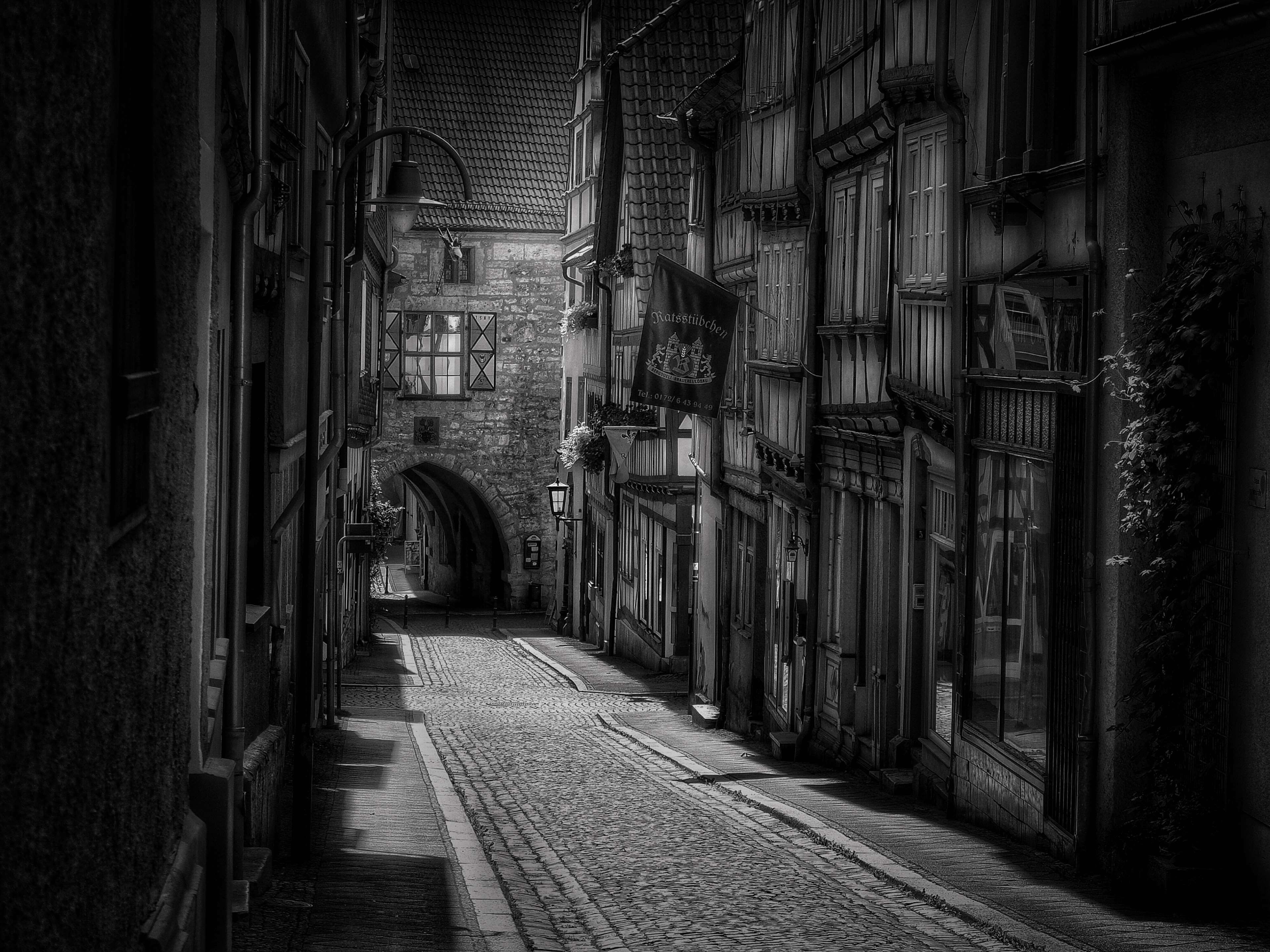 built structure, building exterior, cobblestone street, town, medieval town, 4K, empty, no people, old, street, truss, arch, old town, black and white, HD Wallpaper