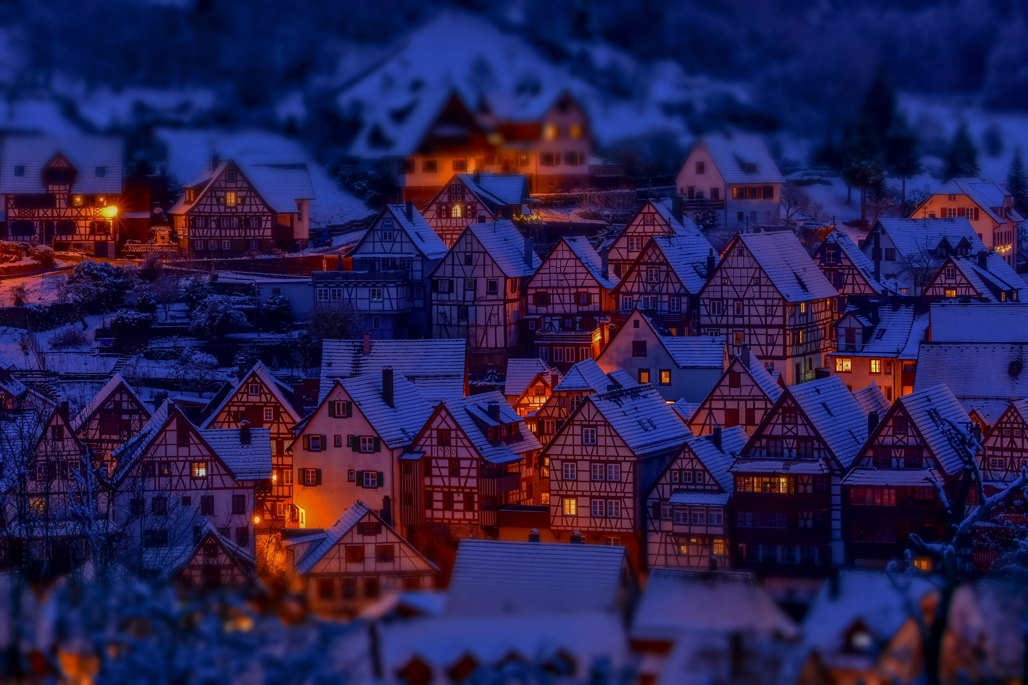schiltach, no people, miniature effect, residential district, historic center, built structure, mood, city, model railway, roof, illuminated, building exterior, HD Wallpaper
