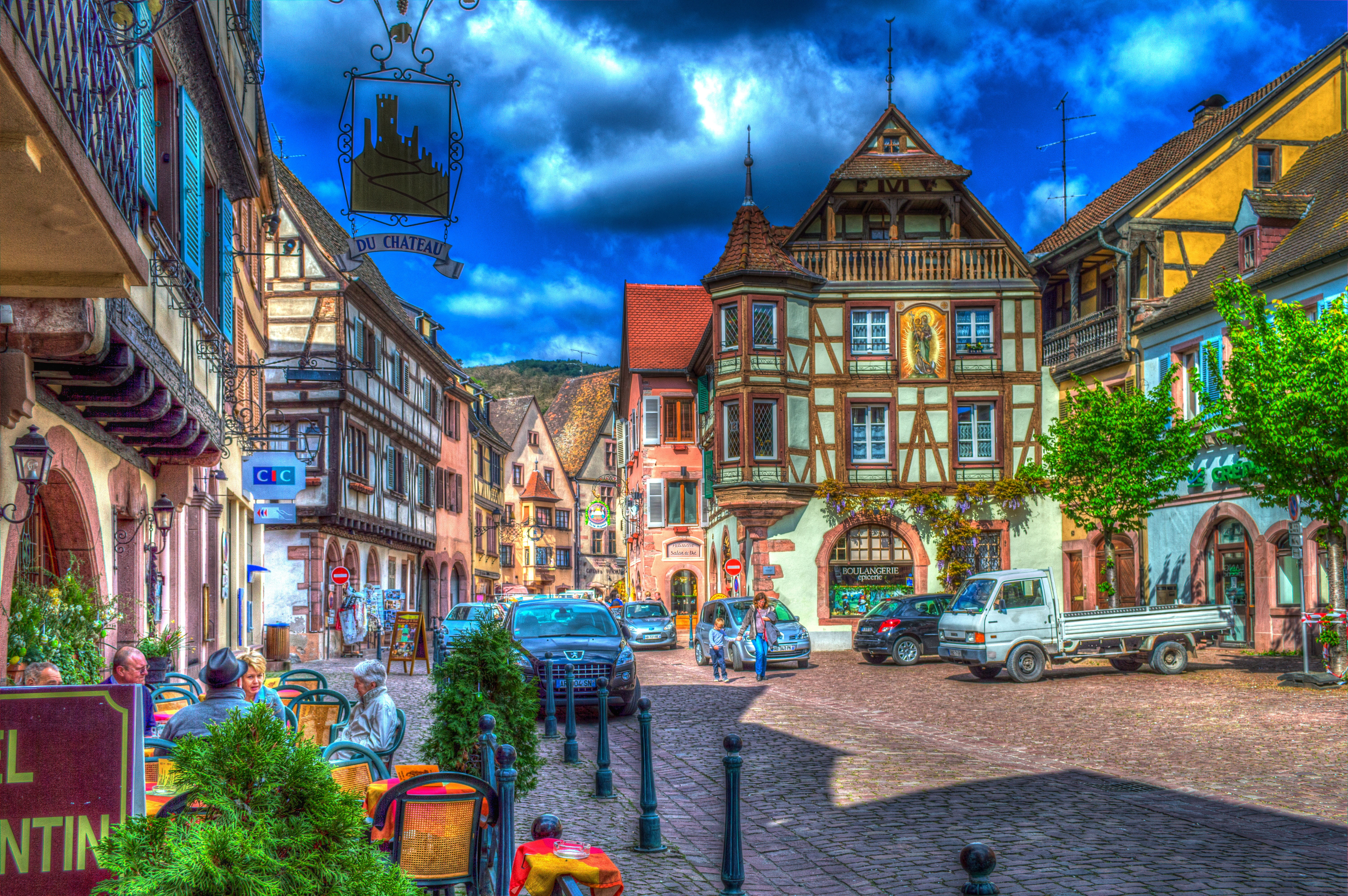 store, incidental people, hdr, colorful, old, street, city, transportation, cars, filter, travel, cloud - sky, photo filter, france, cityscape, city life, HD Wallpaper