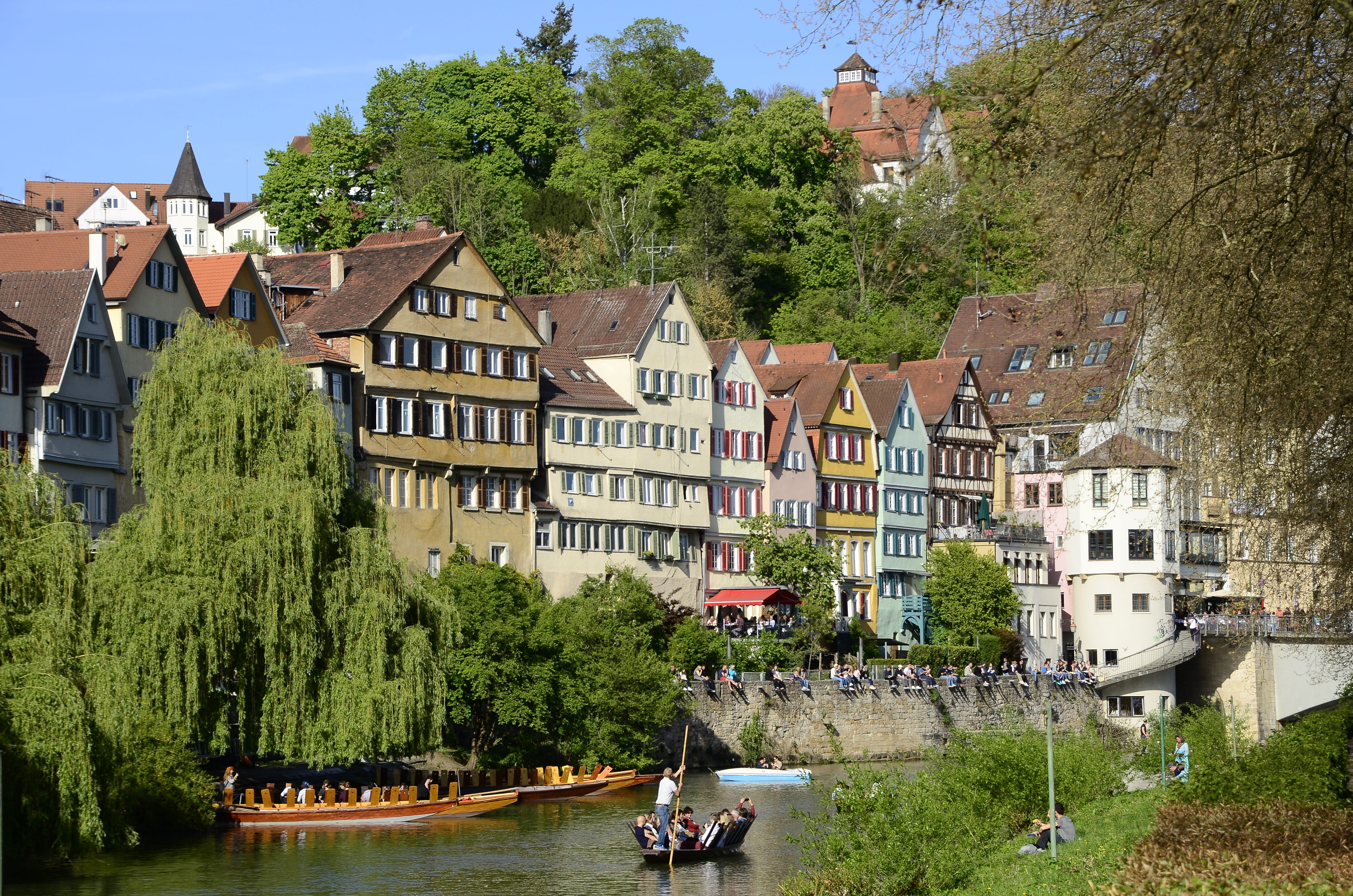 truss, university city, tree, facade, water, nautical vessel, homes, tübingen, boot, house, 4K, building exterior, day, nature, city, plant, waterfront, HD Wallpaper