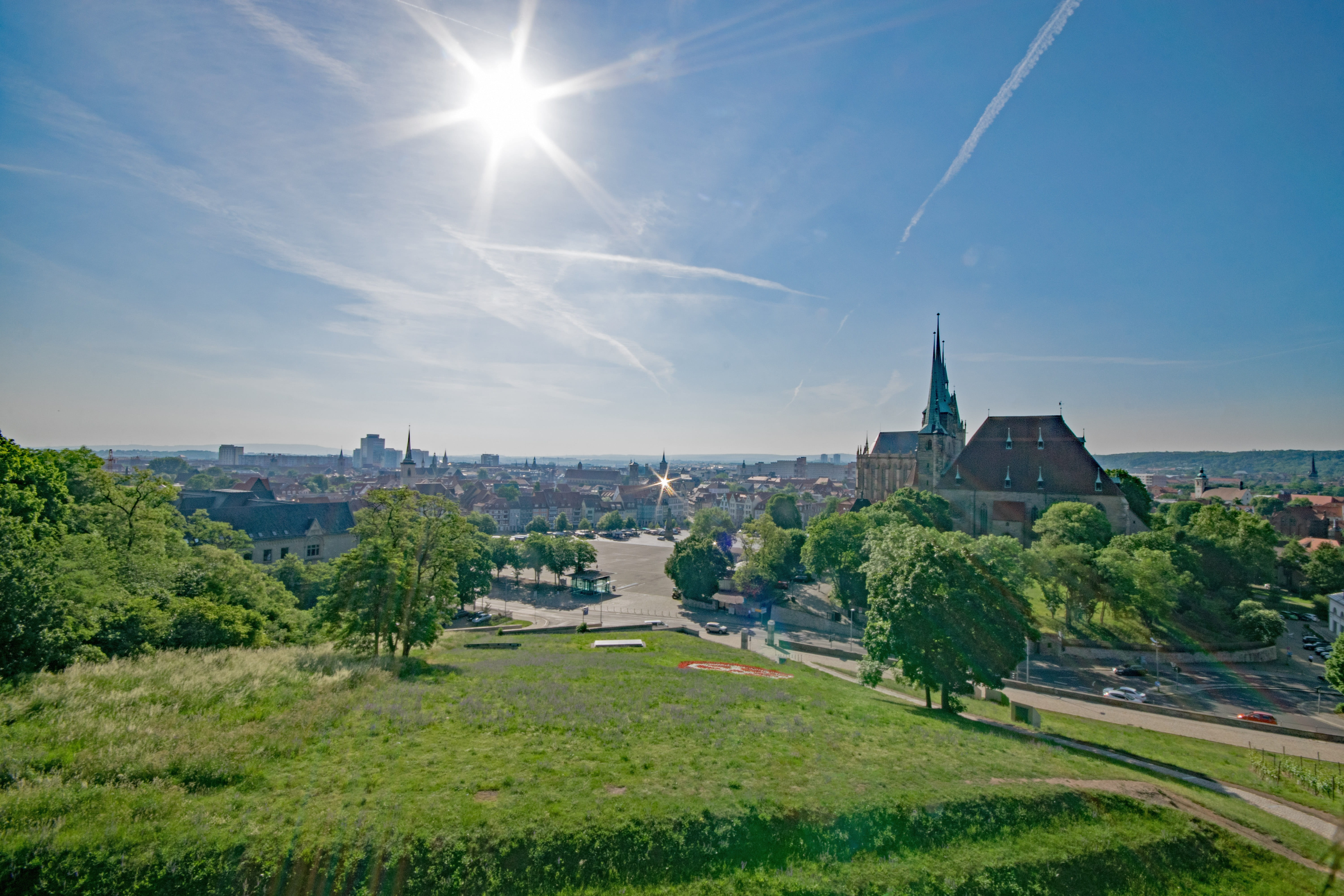 Germany, built structure, building, tree, trees, old town, erfurt cathedral, sky, view, 5K, summer, lens flare, cloud - sky, nature, Thuringia, sunbeam, HD Wallpaper
