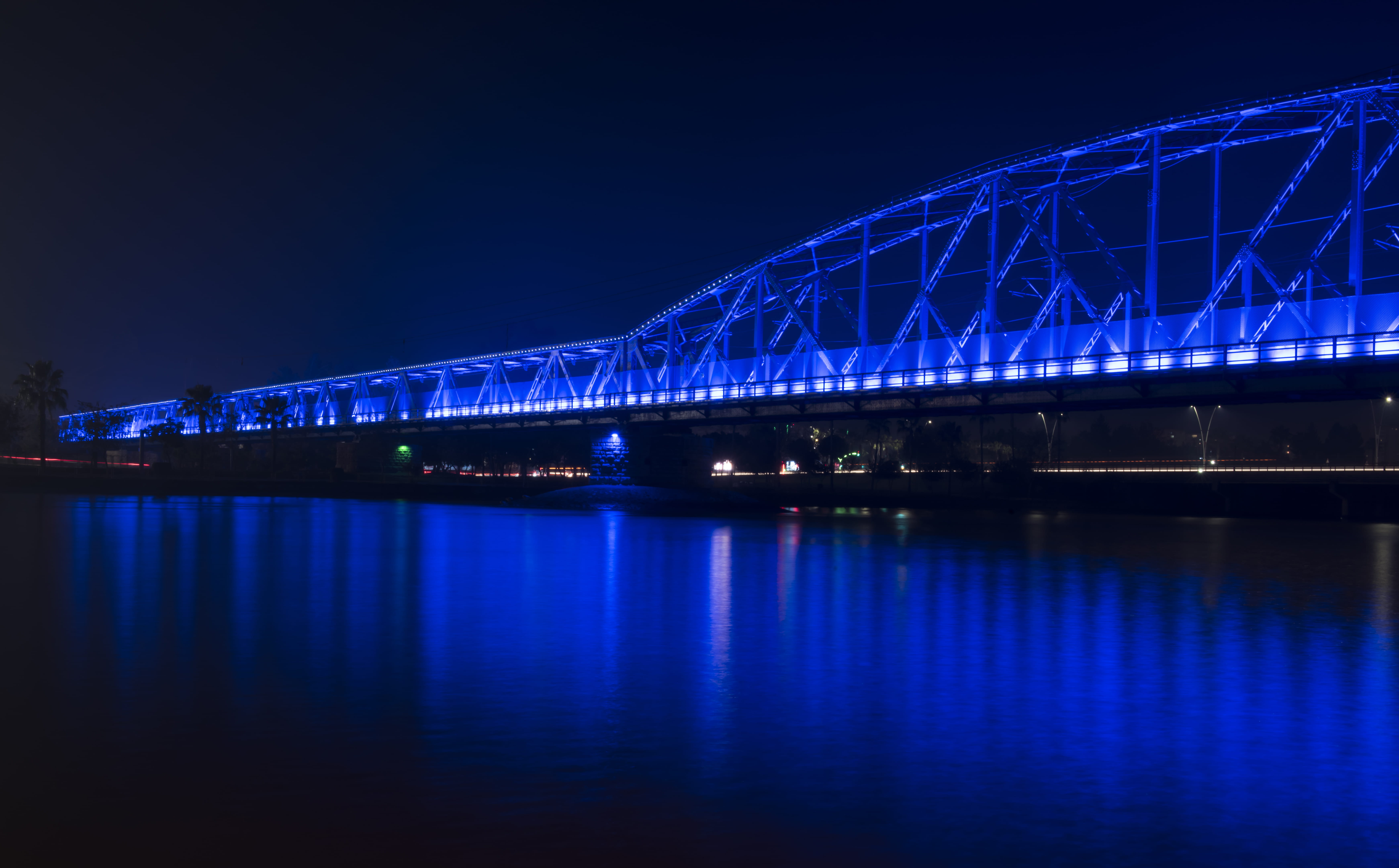water, travel destinations, nighttime, bridge - man made structure, 5K, blue, city, long exposure, reflection, no people, illuminated, built structure, HD Wallpaper