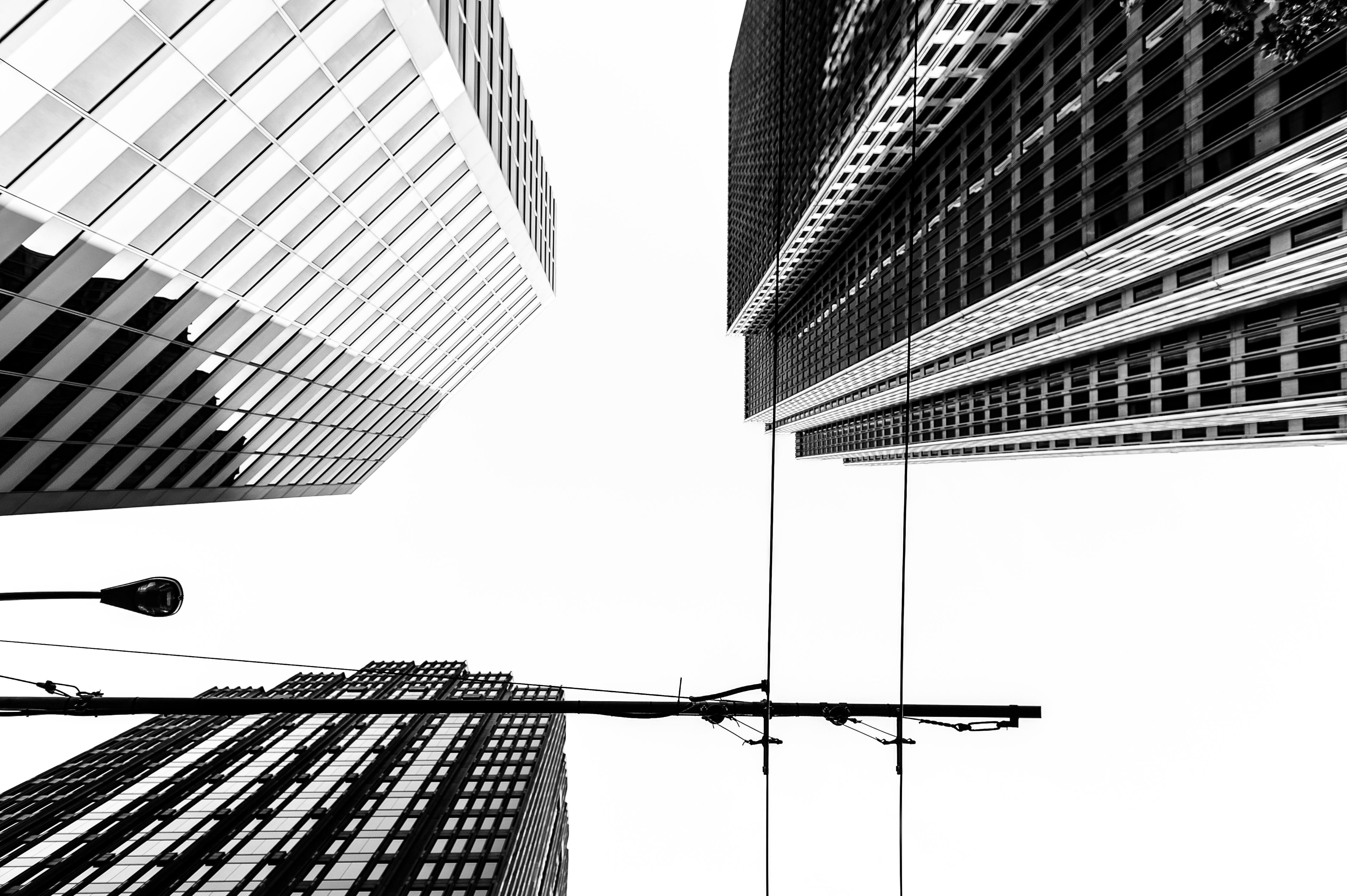 worms eye view, office building exterior, street light, directly below, outdoors, building exterior, no people, tall - high, architecture, tower, 4K, financial district, HD Wallpaper