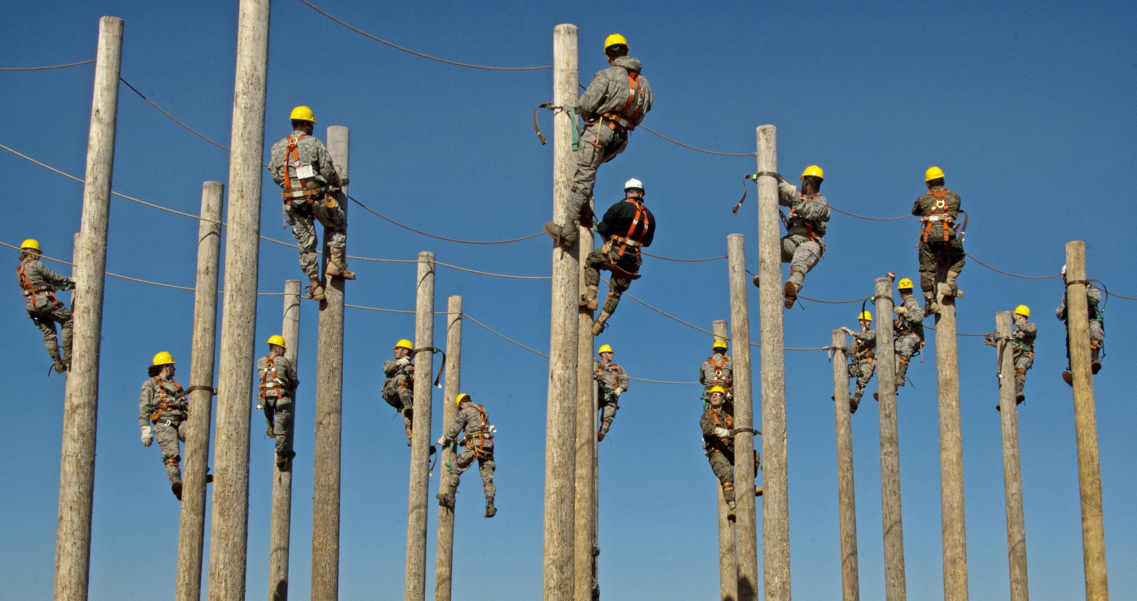 labor, wooden post, helmet, fuel and power generation, coveralls, no people, day, daytime, yellow, outdoors, pole, industry, electricity, wearing, training, HD Wallpaper