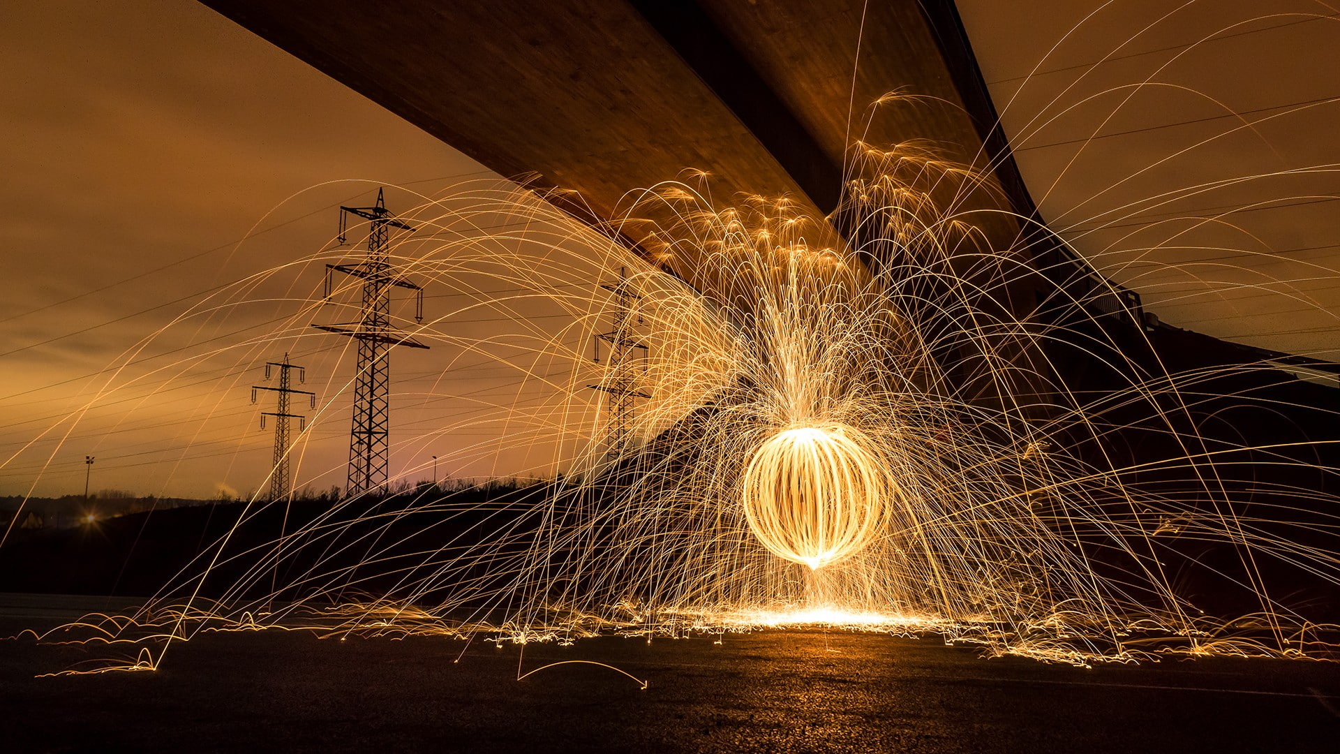 utility pole, depth of field, sepia, bridge, photography, fire, long exposure, circle, 1080P, power lines, motion blur, HD Wallpaper