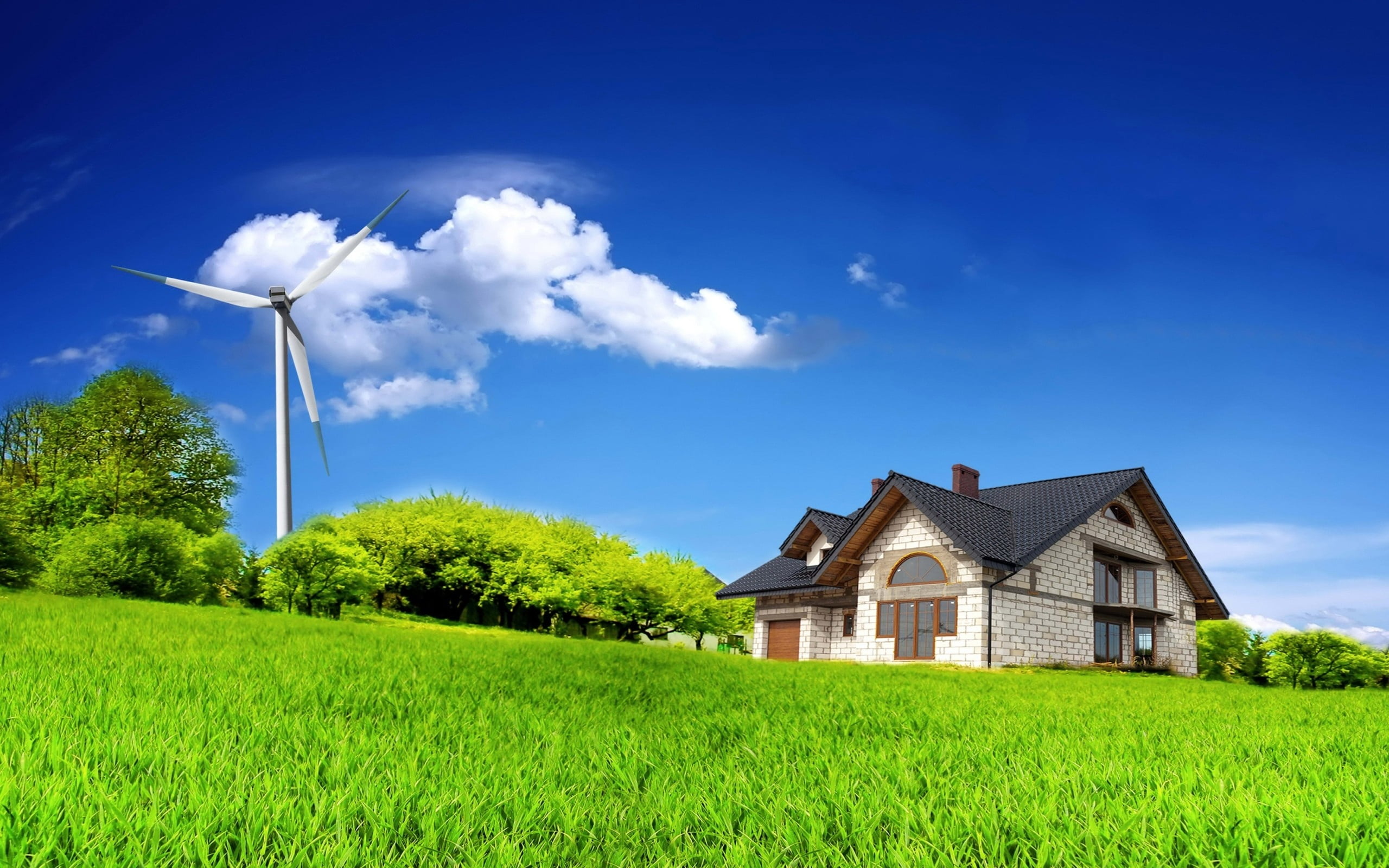 architecture, environment, wind Turbine, wind, house, generator, industry, meadow, building, beauty in nature, 2K, nature, built structure, turbine, fuel and Power Generation, HD Wallpaper