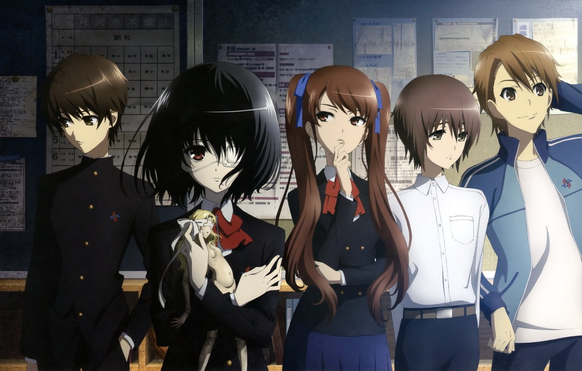 clothing, retail display, art and craft, for sale, Mei Misaki, human representation, in a row, Anime, store, male likeness, Another, Yuuya Mochizuki, HD Wallpaper