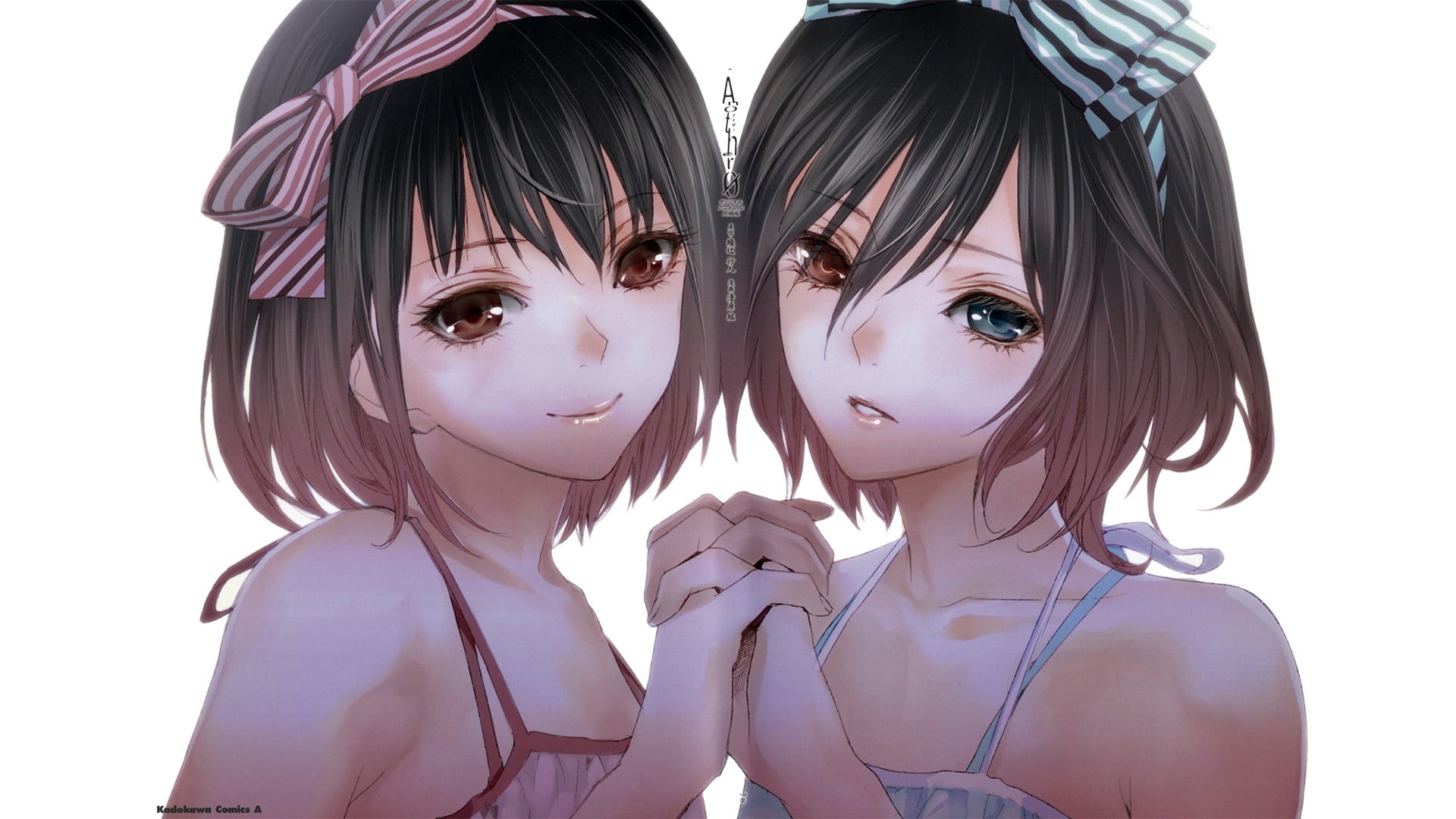 heterochromia, studio shot, anime, women, young adult, twins, beauty, digital composite, representation, Misaki Mei, lifestyles, indoors, people, white background, HD Wallpaper